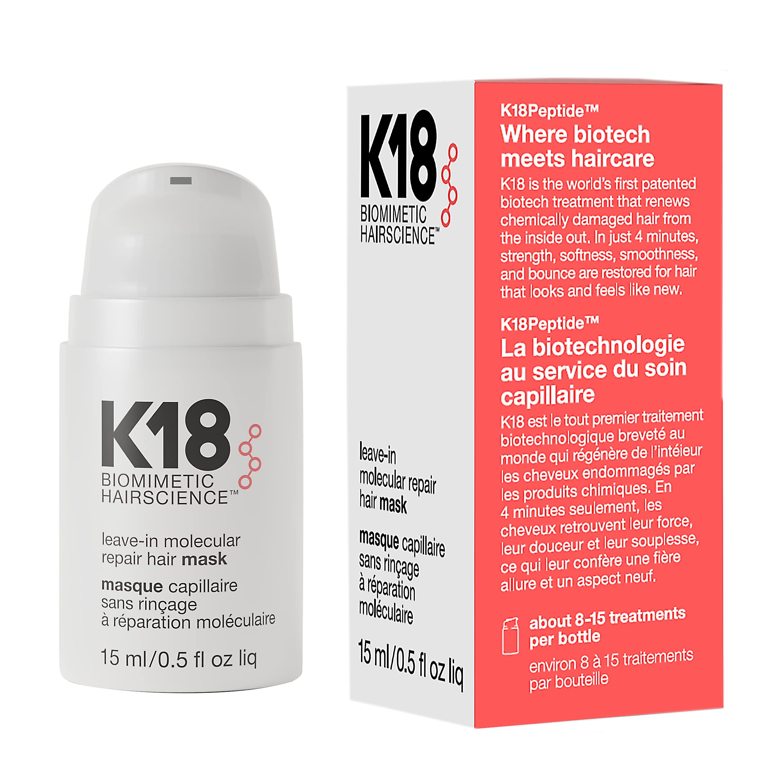 K18 Leave-In Molecular Repair Hair Mask - Peptide Hair Treatment Mask for Bleach, Color, Chemical + Heat Damaged Strands - Immediate