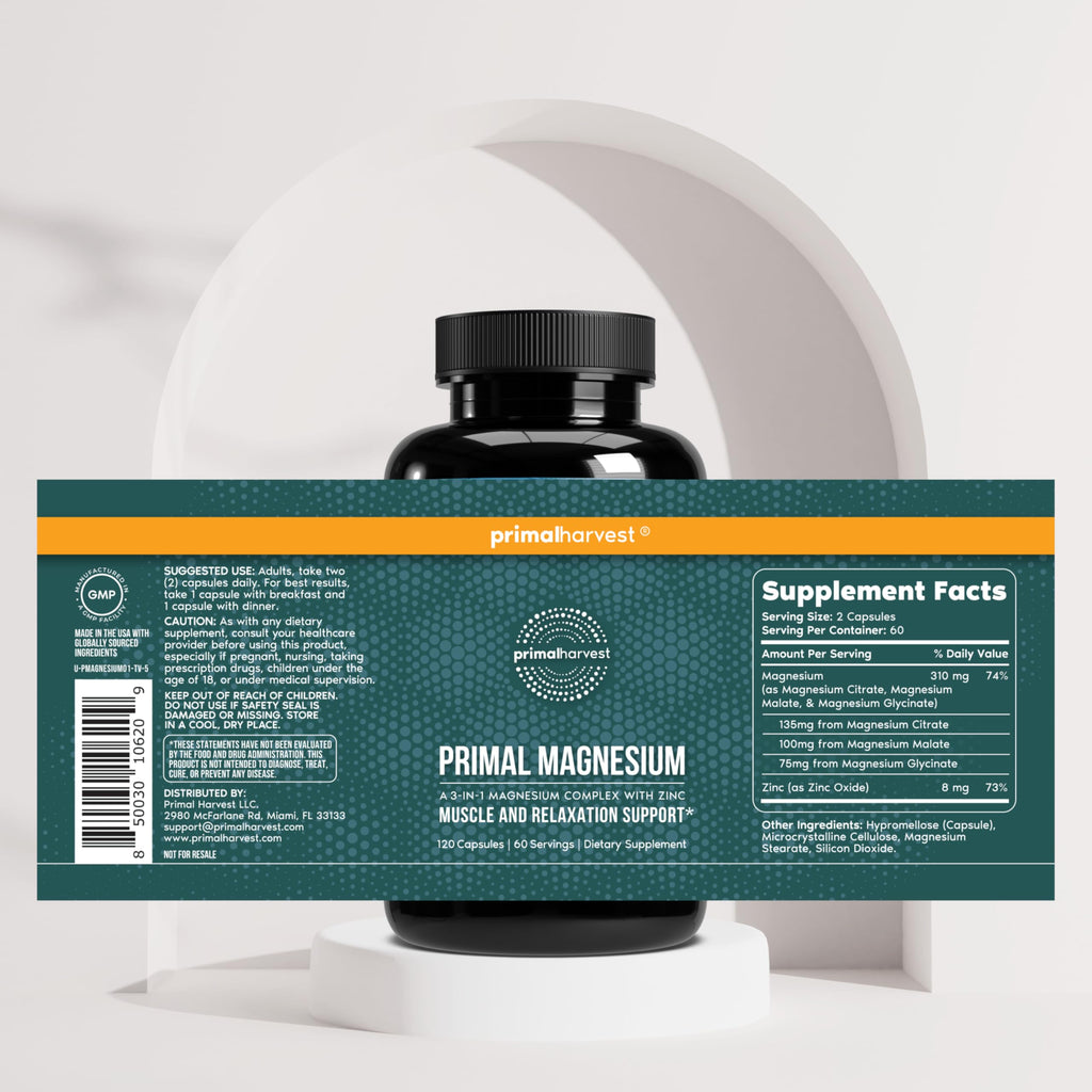Magnesium Supplement Complex 310mg by Primal Harvest with Magnesium Glycinate, Citrate, Malate, and Zinc 120 Capsules