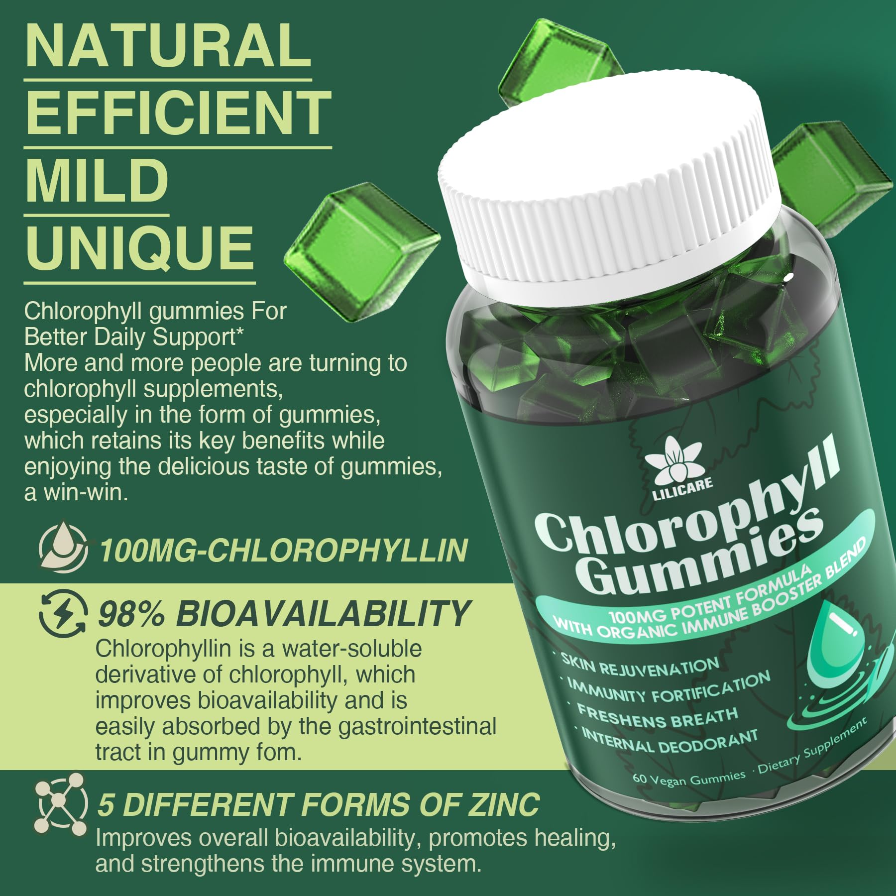 Chlorophyll Gummies - Super Green with Wheat Grass, Sea Moss, Unfiltered ACV & Elderberry, Echinacea, Zinc Complex & Vitamin D3, C, E, B12 for Natural Deodorant,