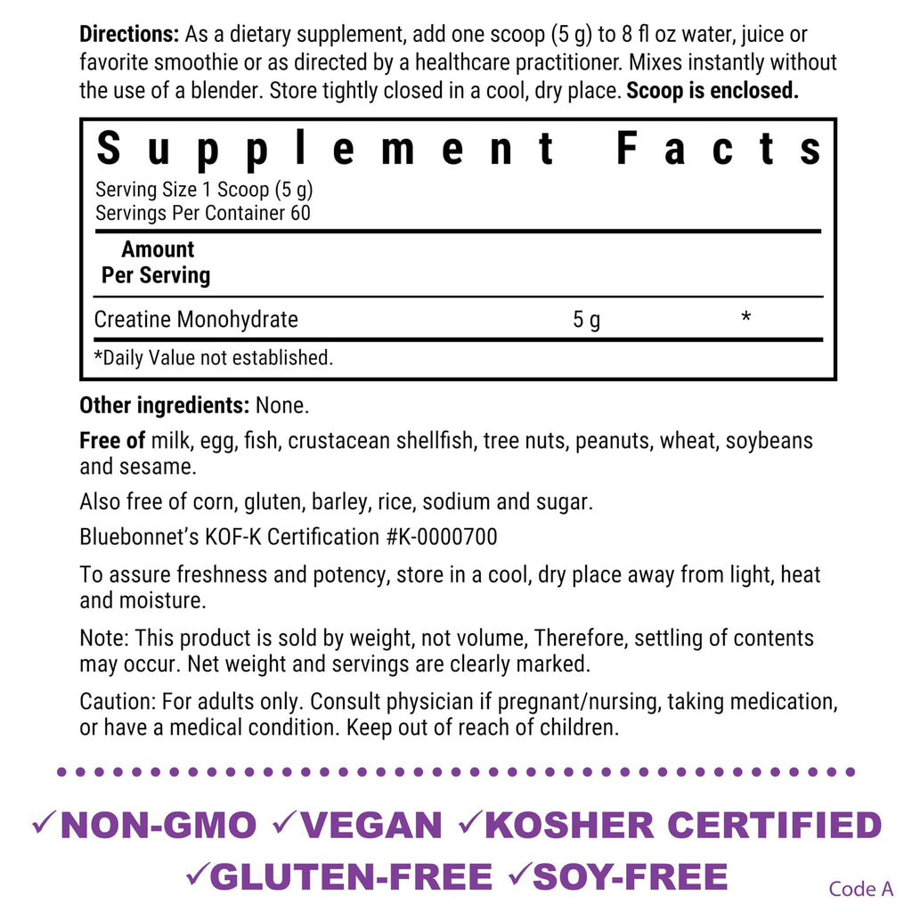 BlueBonnet Nutrition Micronized Creatine Monohydrate 5 g – Supports Lean Muscle Mass* - Non-GMO, Vegan, Kosher Certified, Gluten-Free, Soy-Free, Milk-Free