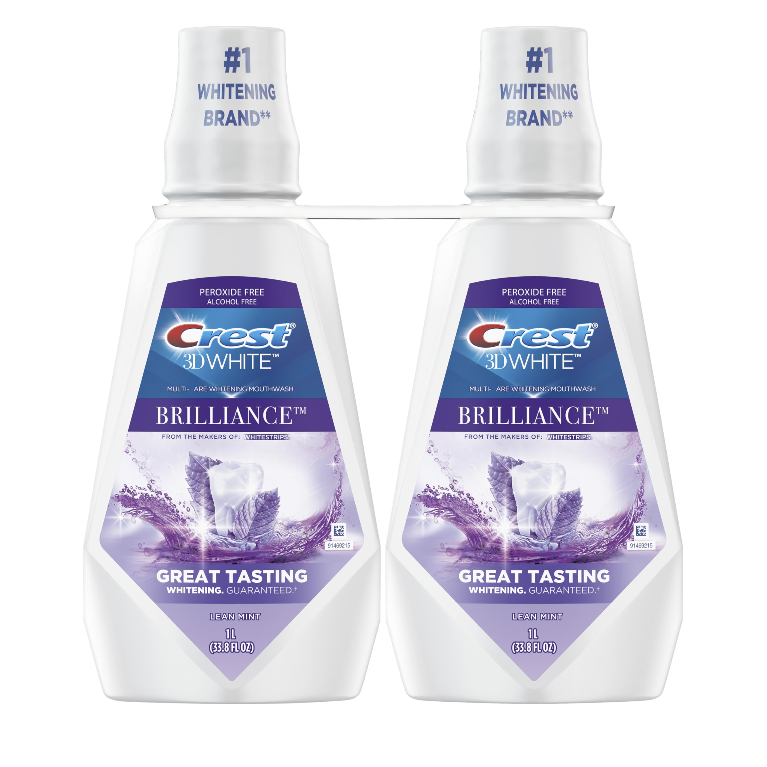 Crest 3D White Mouthwash, Teeth Whitening for Adults, 1L, 2 Pack, Alcohol Free Mouth Rinse, Breath Freshener, Antibacterial, Antiseptic,