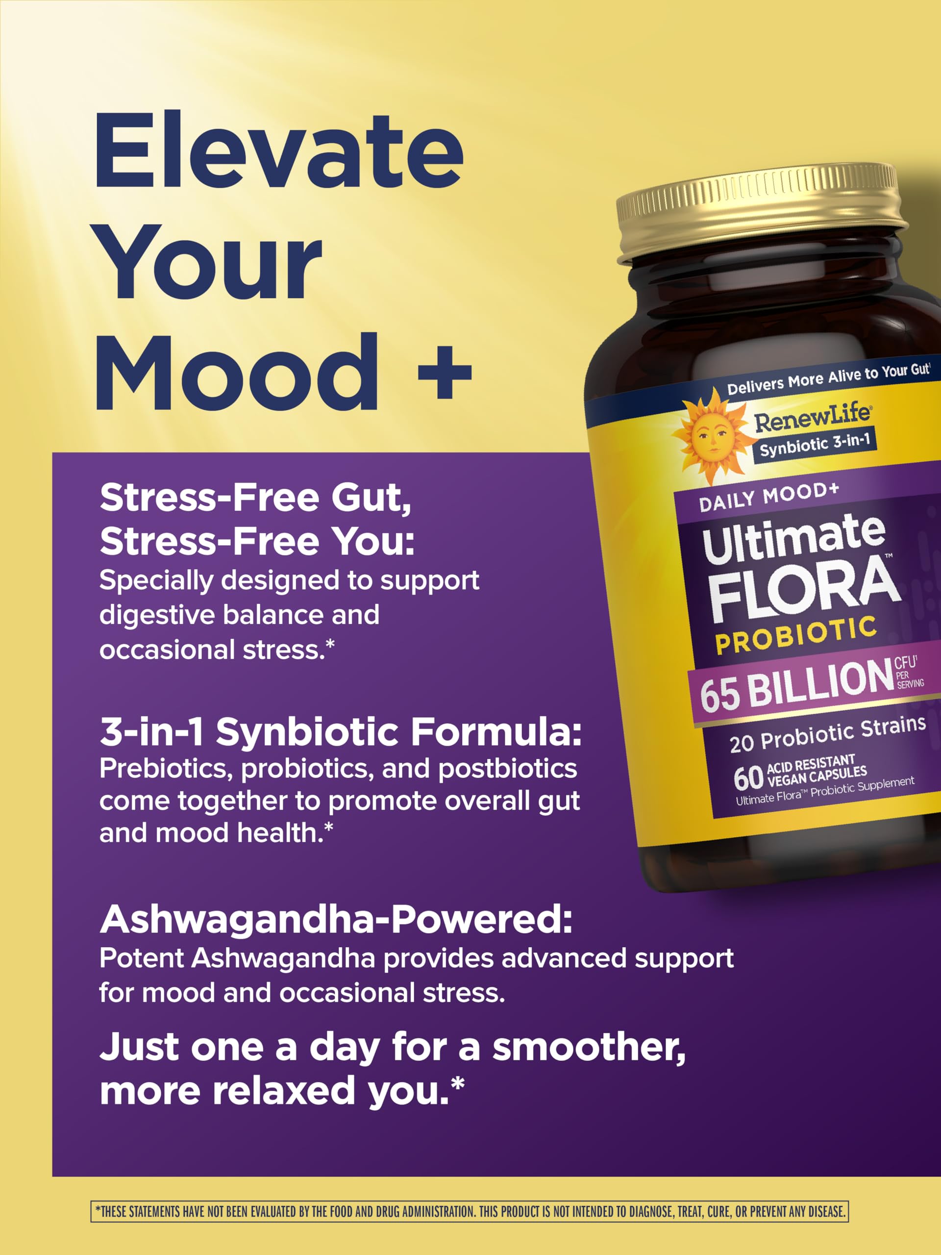 Renew Life Ultimate Flora Probiotics Daily Mood Support 65 Billion CFU Delayed Release Vegan Capsules with Ashwagandha | Digestive Health