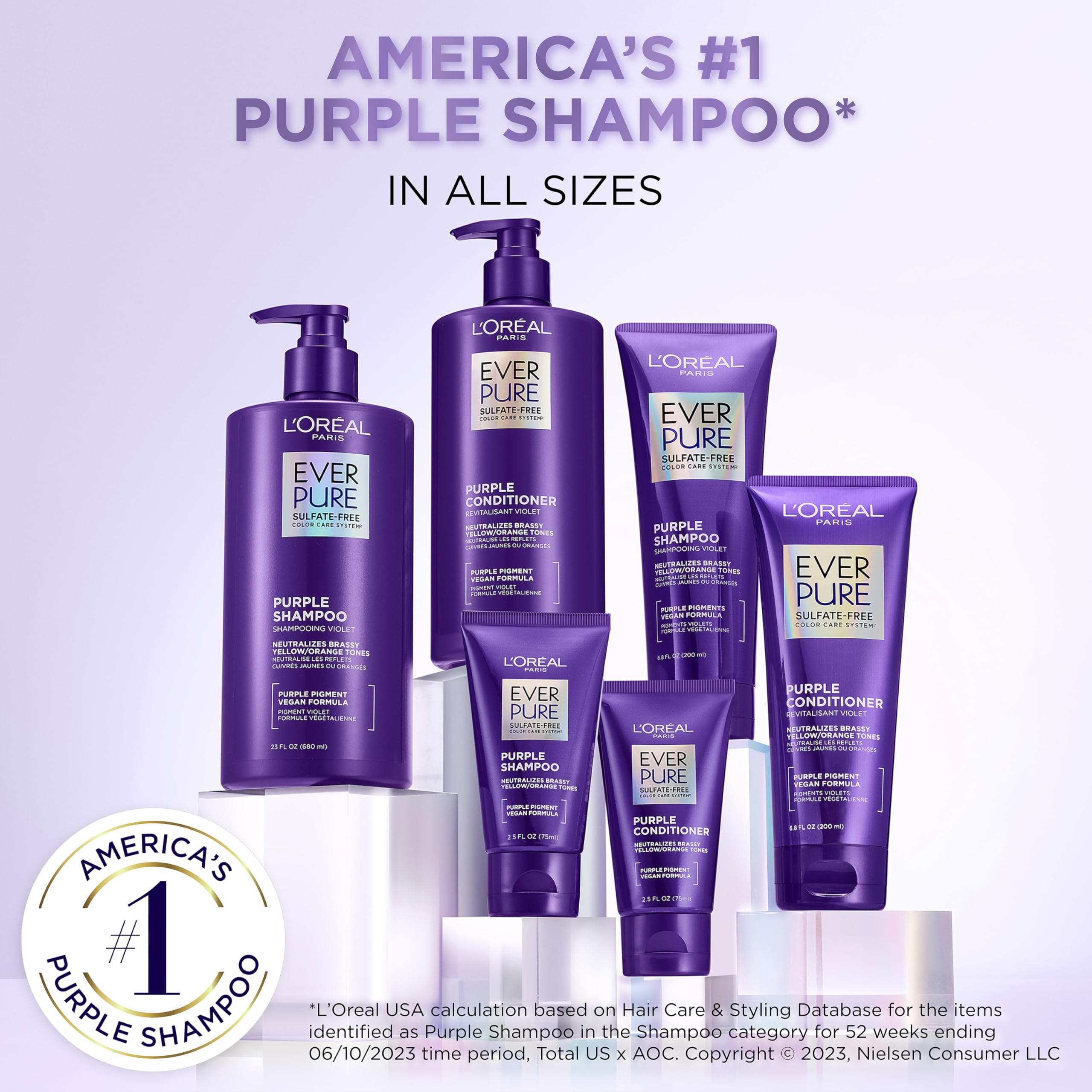 L’Oreal Paris Sulfate Free Brass Toning Purple Shampoo for Blonde, Bleached, Silver, or Brown Highlighted Hair, EverPure, 6.8 Fl Oz (Packaging May Vary)