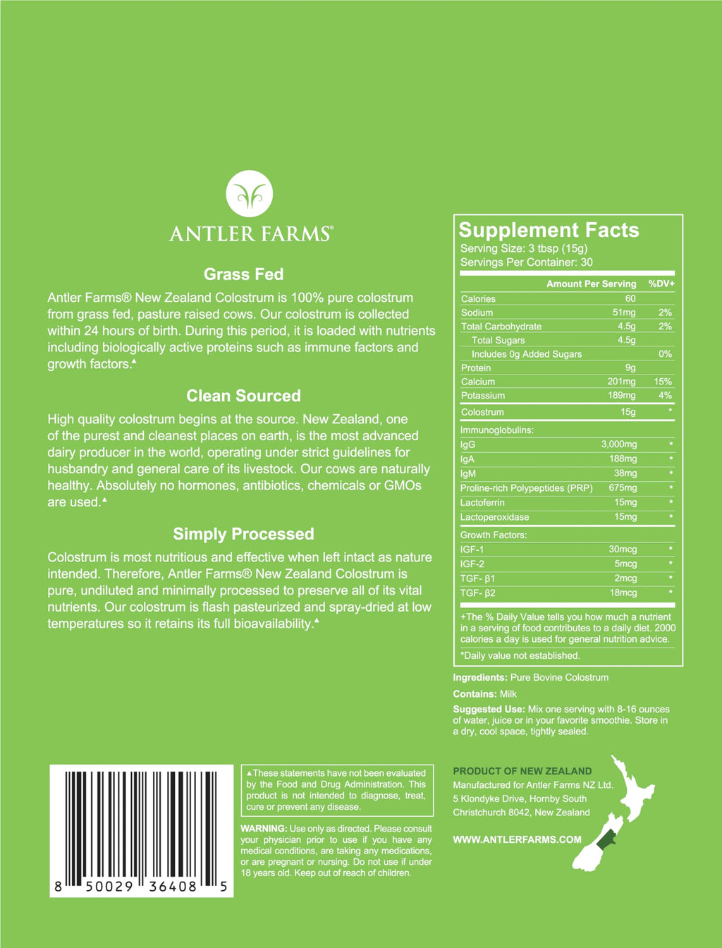 Antler Farms 100% Pure New Zealand Colostrum, 30 Servings, 1 lb - Grass Fed, Pasture Raised, Clean Sourced, Cold Processed,