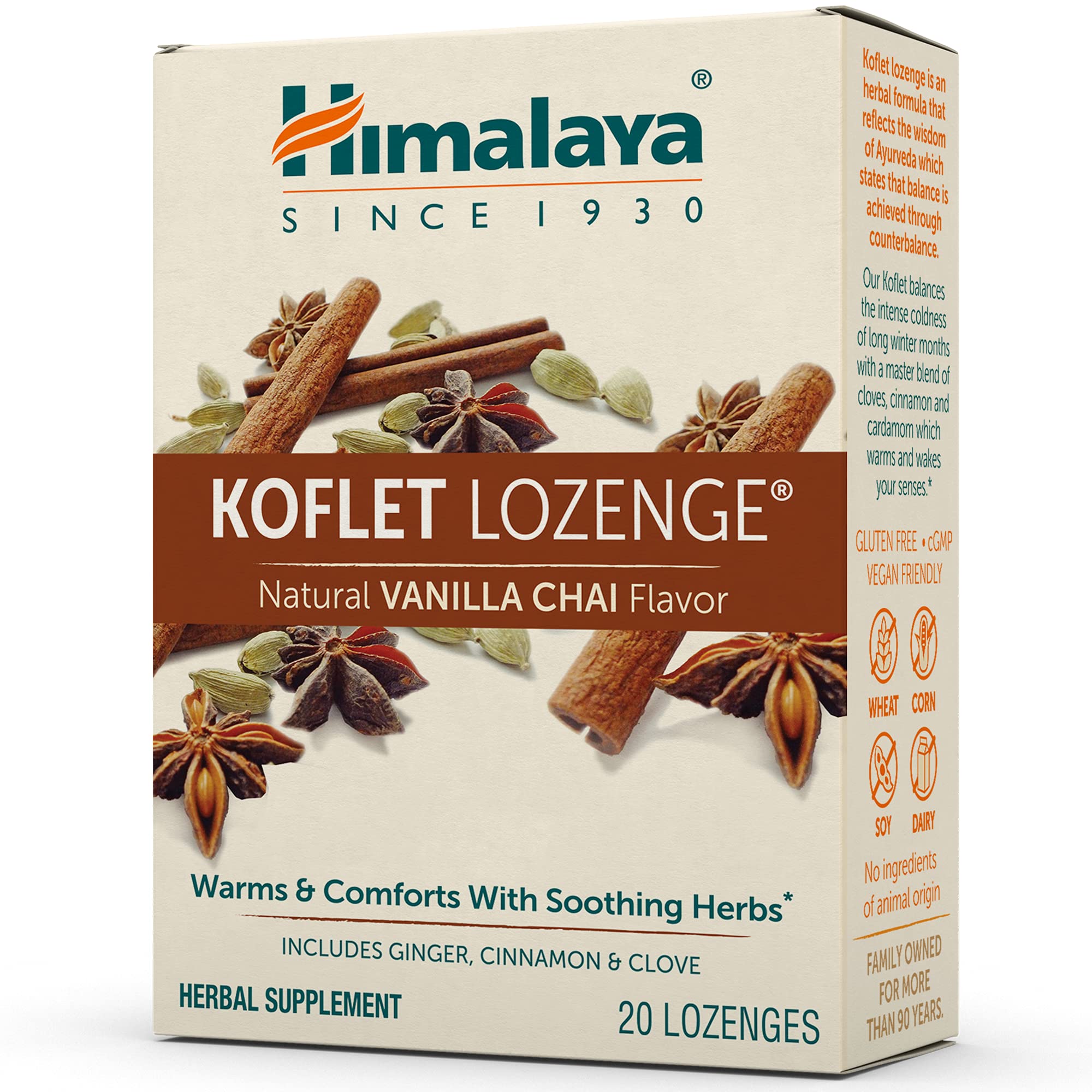 Himalaya Koflet Lozenges, Vanilla Chai Flavor, Natural Herbal Cough Drop for Warming Relief and Soothing Comfort, 130 mg, 20 Lozenge