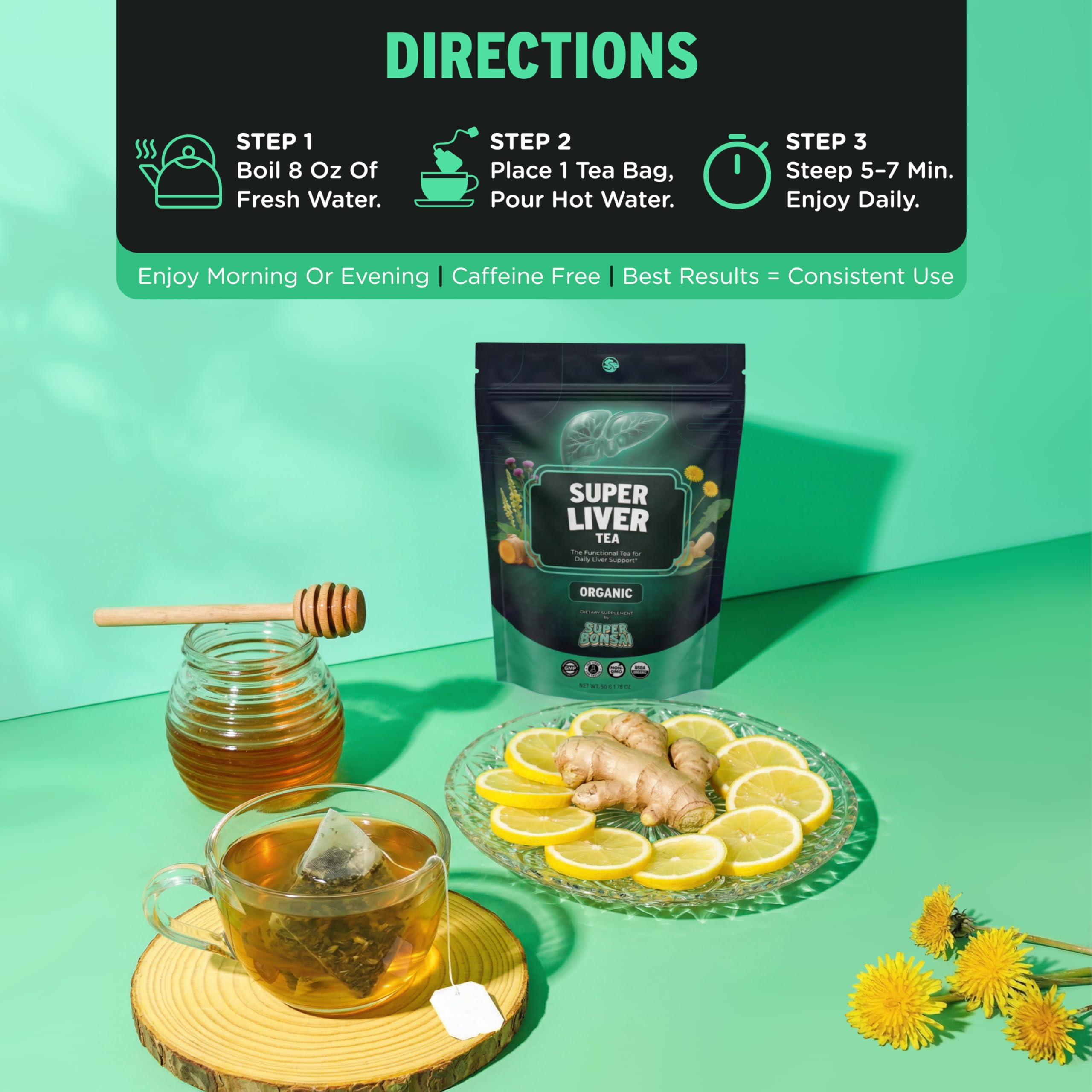 SuperBonsai Organic Liver Detox Tea – Dandelion Root & Milk Thistle Herbal Tea for Liver Support, Digestive Detox & Cleanse – Turmeric, Ginger & Nettle Botanical Blend