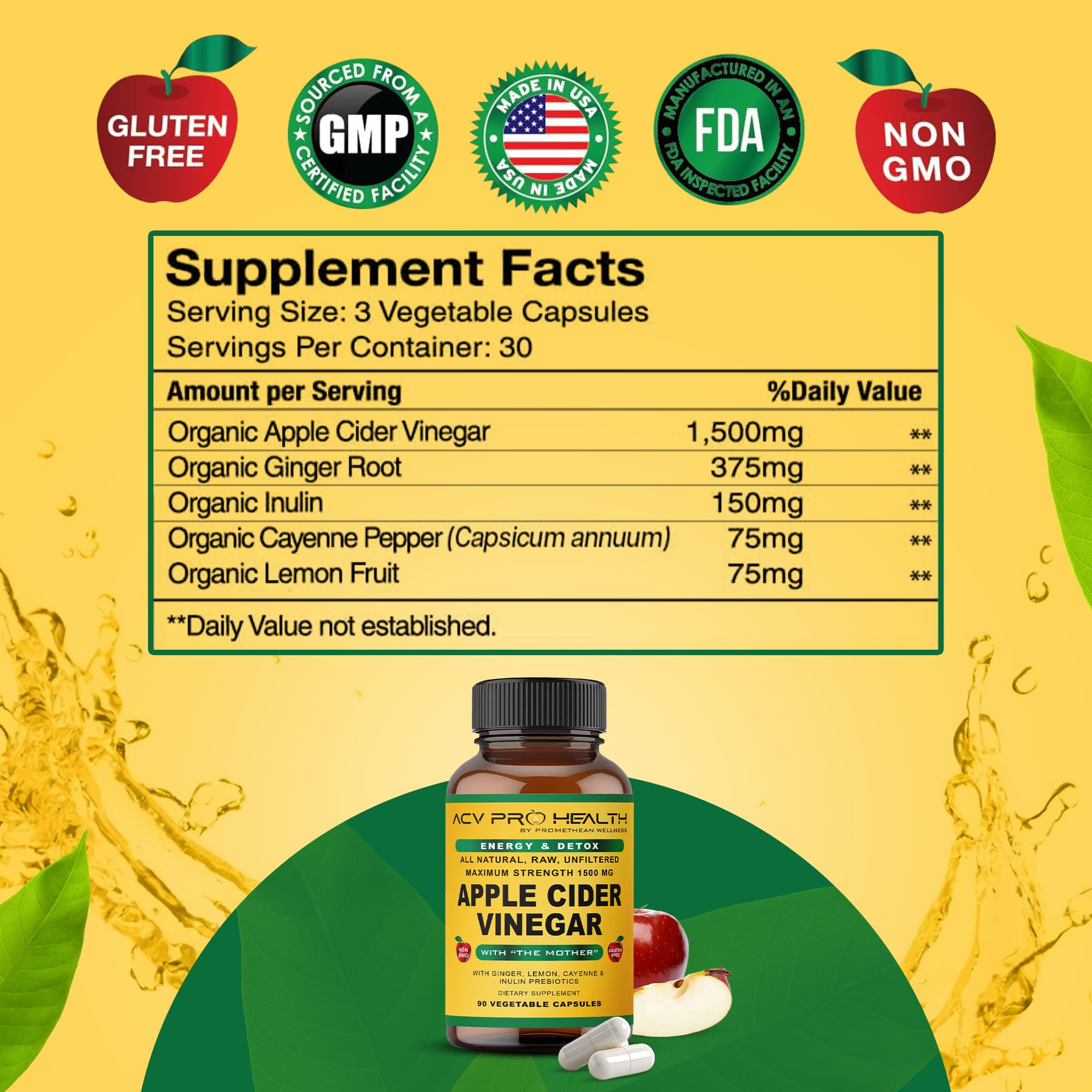 Promethean Wellness 2-PK (180 Count) ACV Pro Apple Cider Vinegar Capsules Certified Organic with Mother ACV Pills Detox Cleanse Acid Reflux Relief Support Supplement