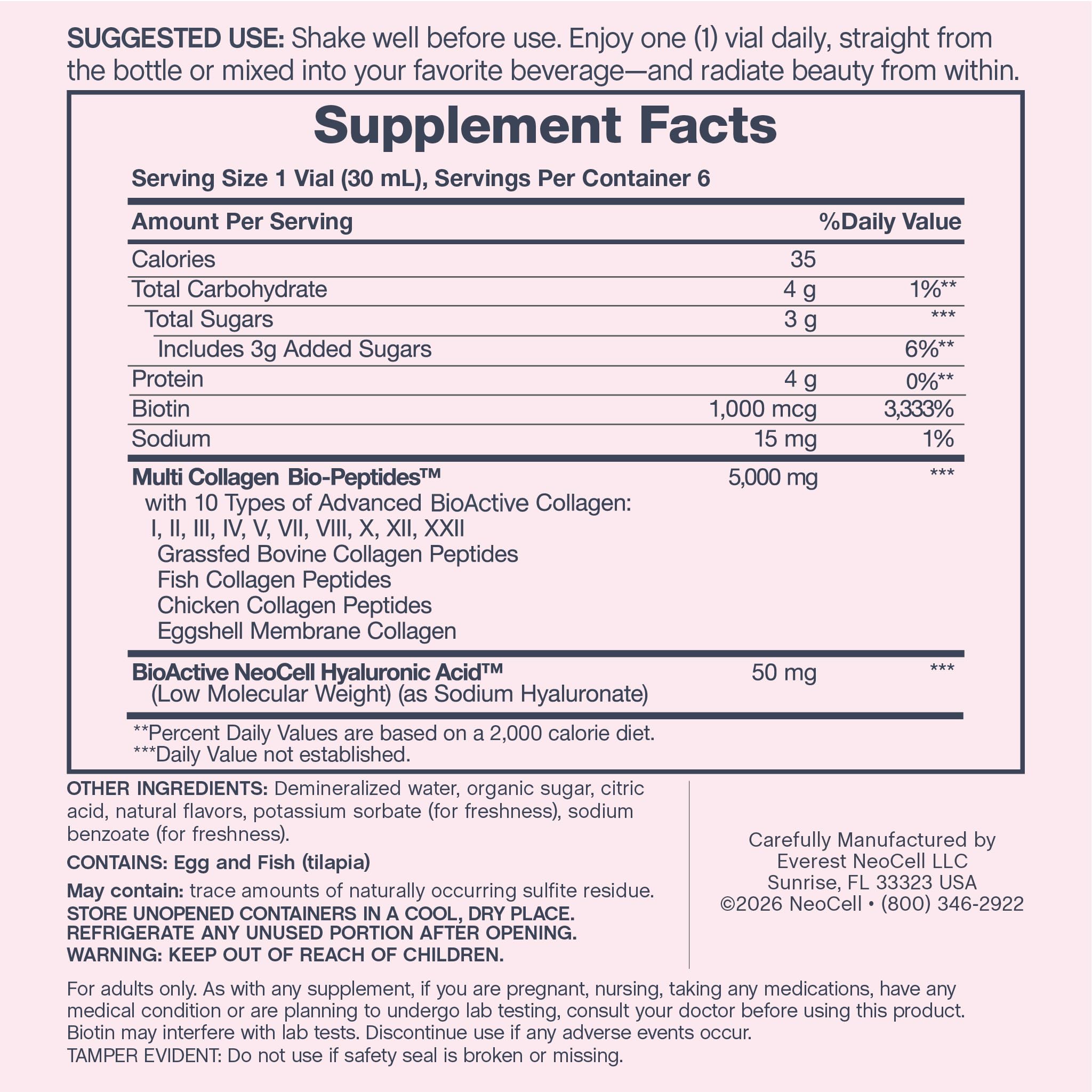 NeoCell Multi Collagen Peptides Liquid | 6 Vials | with Hyaluronic Acid and Biotin | Advanced Formula | Complex Beauty Supplement | Hair, Skin, and Nails