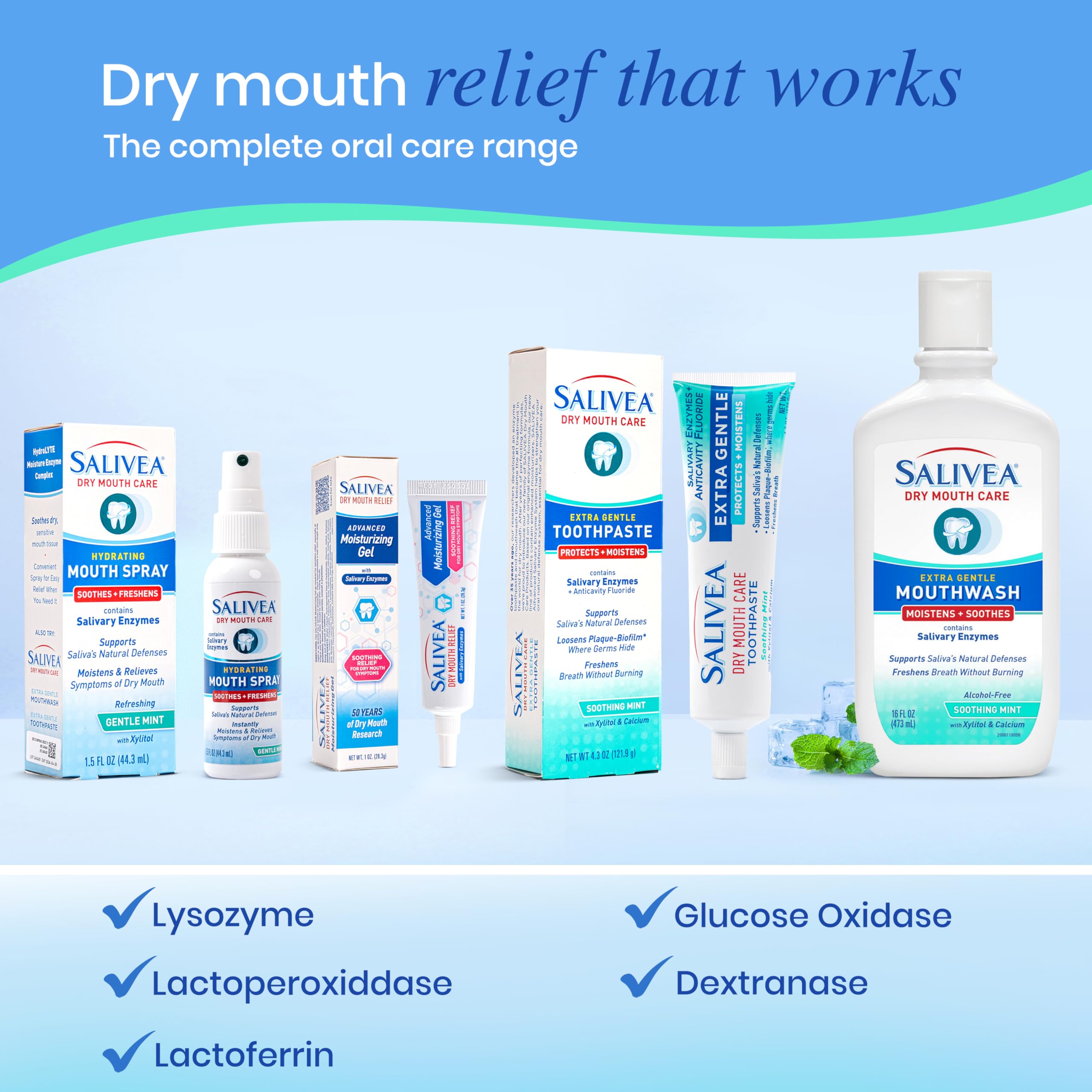 SALIVEA Dry Mouth Mouthwash - Soothing Mint Mouthwash with Natural Salivary Enzymes - Breath Freshener & Dry Mouth Care