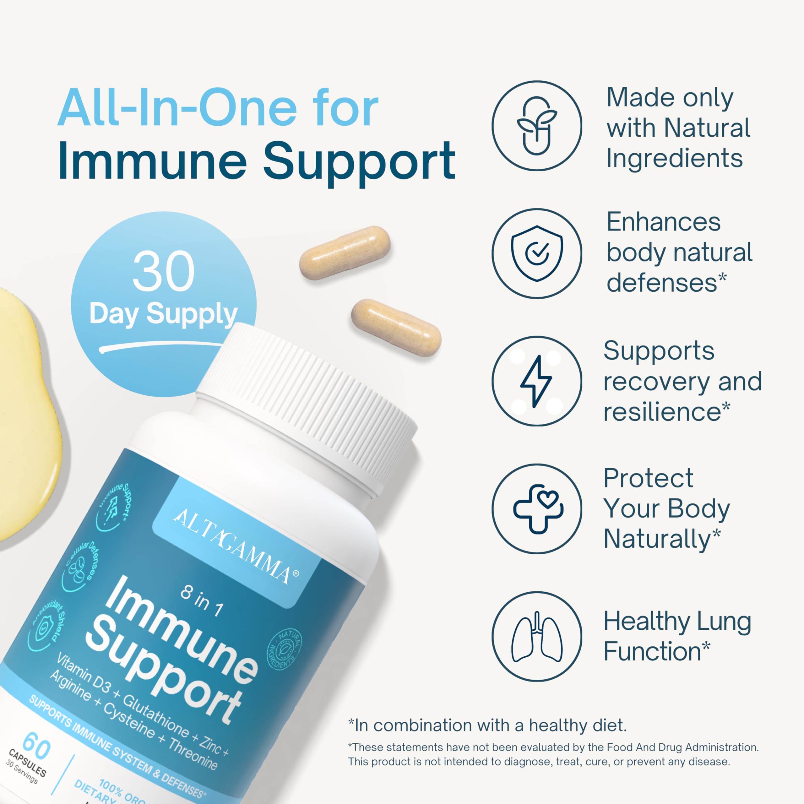 ALTAGAMMA 8 in 1 Immune Support Supplement - Daily Immunity Supplement & Immune Boosters for Adults - Immune System Booster with L-Lysine, Vitamin D and Zinc Supplements for Men & Women, 60 Capsules ALTAGAMMA buy supplements Au