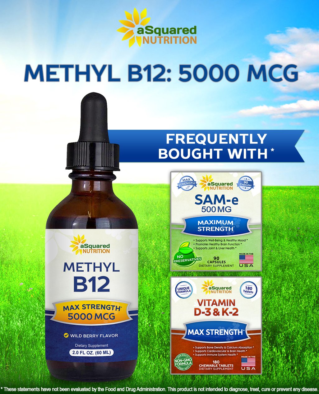 aSquared Nutrition Vitamin B12 Sublingual Liquid Drops - 5000 MCG Supplement with Methylcobalamin (Methyl B-12) - Max Absorption