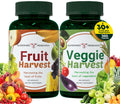 Two supplement bottles labeled 'Fruit Harvest' and 'Veggie Harvest' with fruit and vegetable graphics on a white background.