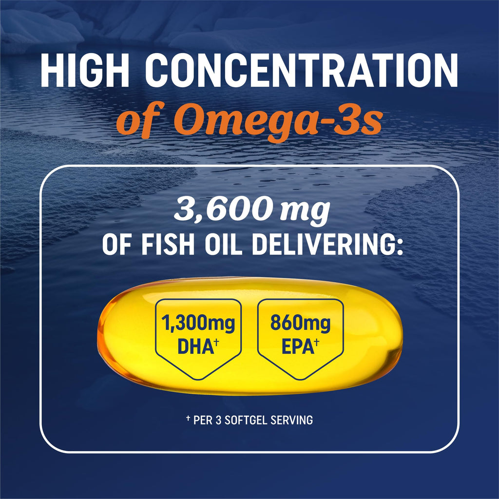 Triple Strength DHA Omega 3 Fish Oil 3600 mg | Over 2100mg Omega-3 Fatty Acids with 860mg of DHA | 1300mg EPA | Best Essential Fatty Acids | Premium Wild Caught & Burpless Fish Oil | 120 ct. MAV NUTRITIONBuy Supplements Australia