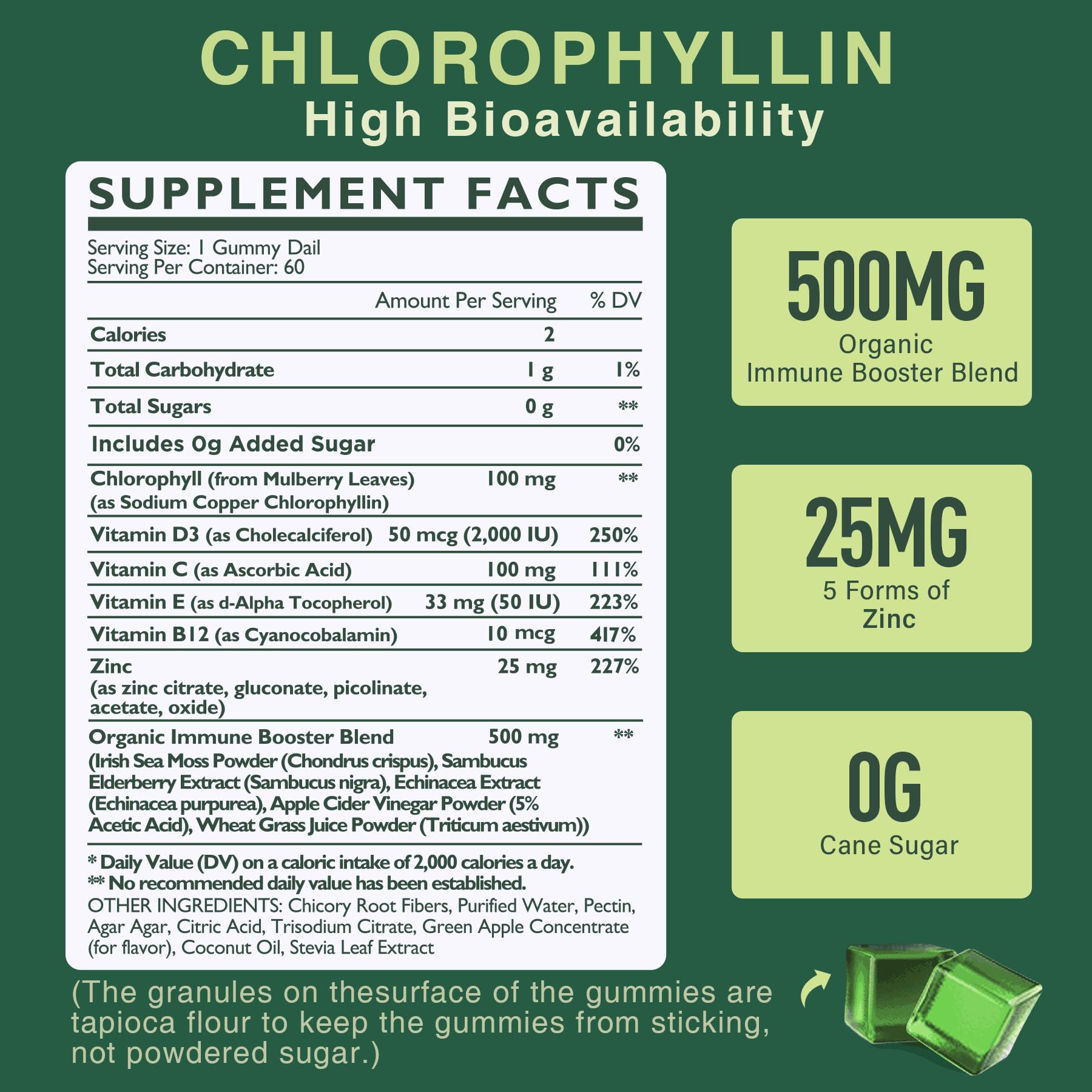 Chlorophyll Gummies - Super Green with Wheat Grass, Sea Moss, Unfiltered ACV & Elderberry, Echinacea, Zinc Complex & Vitamin D3, C, E, B12 for Natural Deodorant,