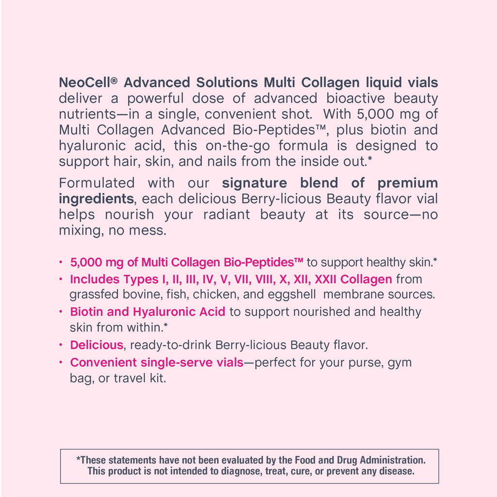 NeoCell Multi Collagen Peptides Liquid | 6 Vials | with Hyaluronic Acid and Biotin | Advanced Formula | Complex Beauty Supplement | Hair, Skin, and Nails
