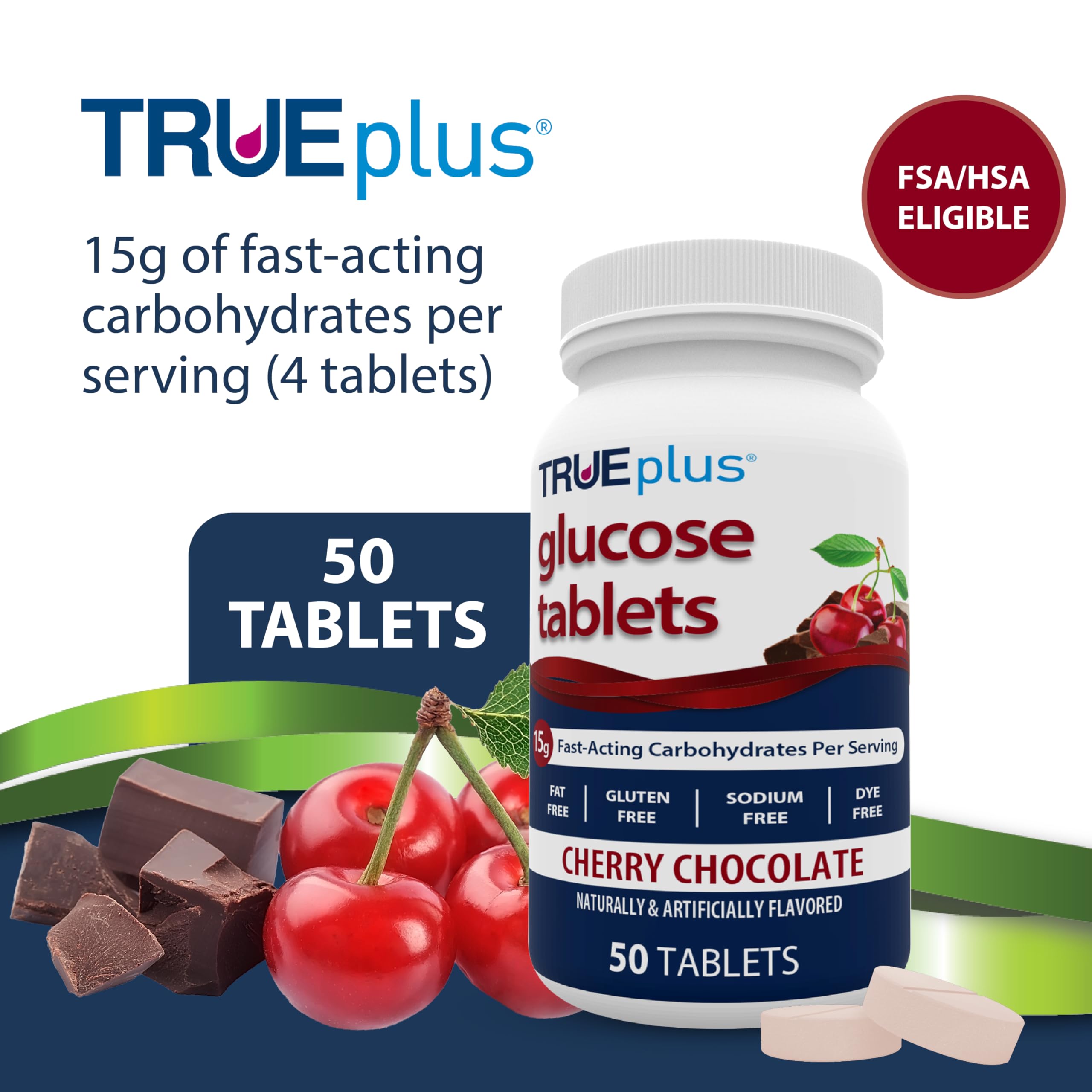 TRUEplus Glucose Tablets, Chewable, Cherry Chocolate Flavor, 15g Fast-Acting Carbohydrates, Dye Free, Gluten Free, No Fat, Boost Energy, 50 Count