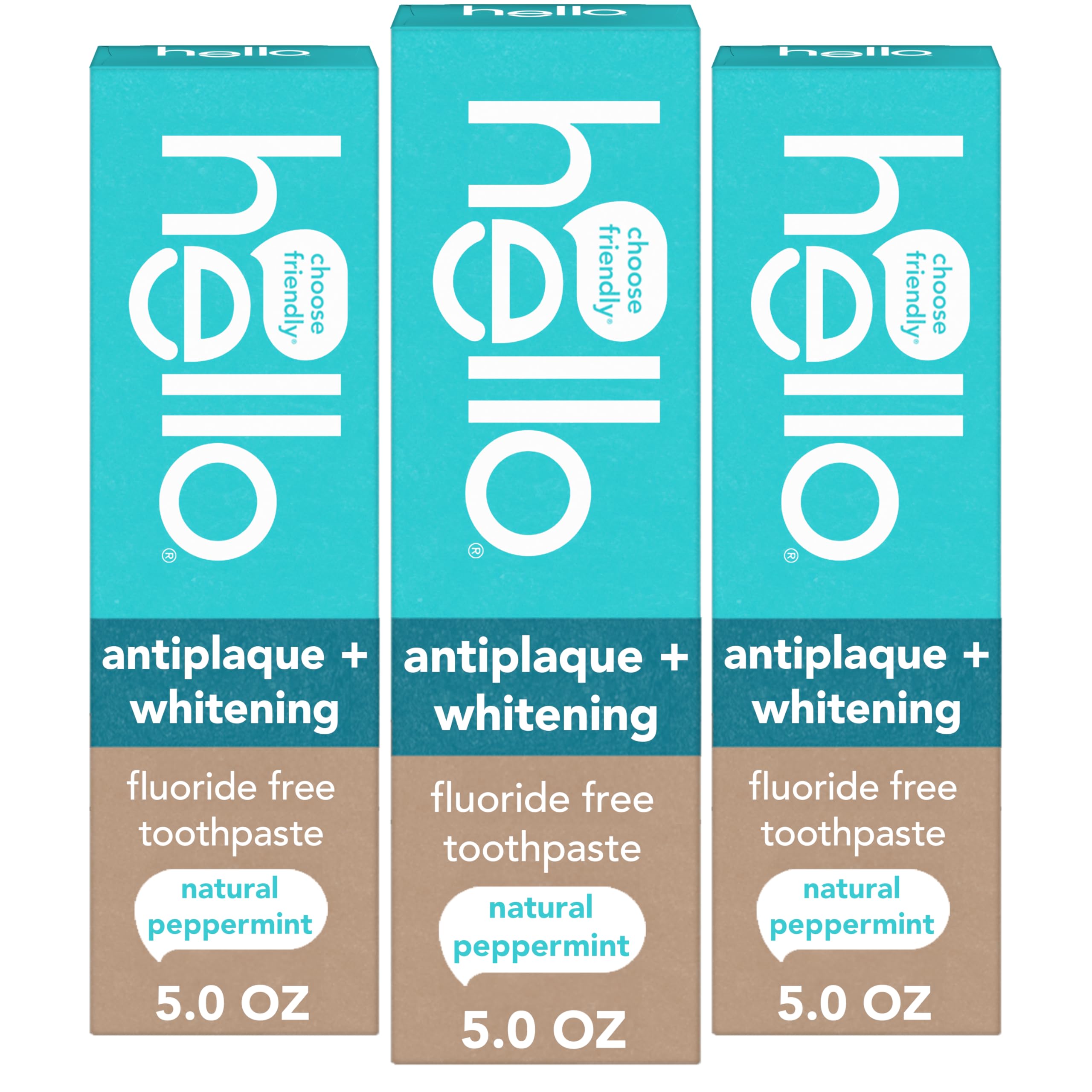Hello Antiplaque and Whitening Fluoride Free Toothpaste, 5 Oz Tube, Whitening Toothpaste with Natural Peppermint Flavor and Tea Tree Oil, Crushes Tartar