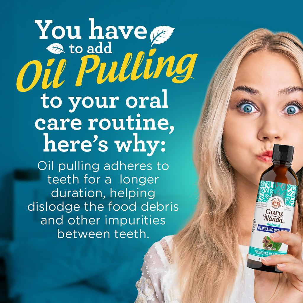 GuruNanda CocoMint Oil Pulling Mouthwash for Complete Oral Hygiene, 7 Essential Oils & Vitamins for Happy Teeth & Gums & Fresh Breath with Toothbrush & Tongue Scraper