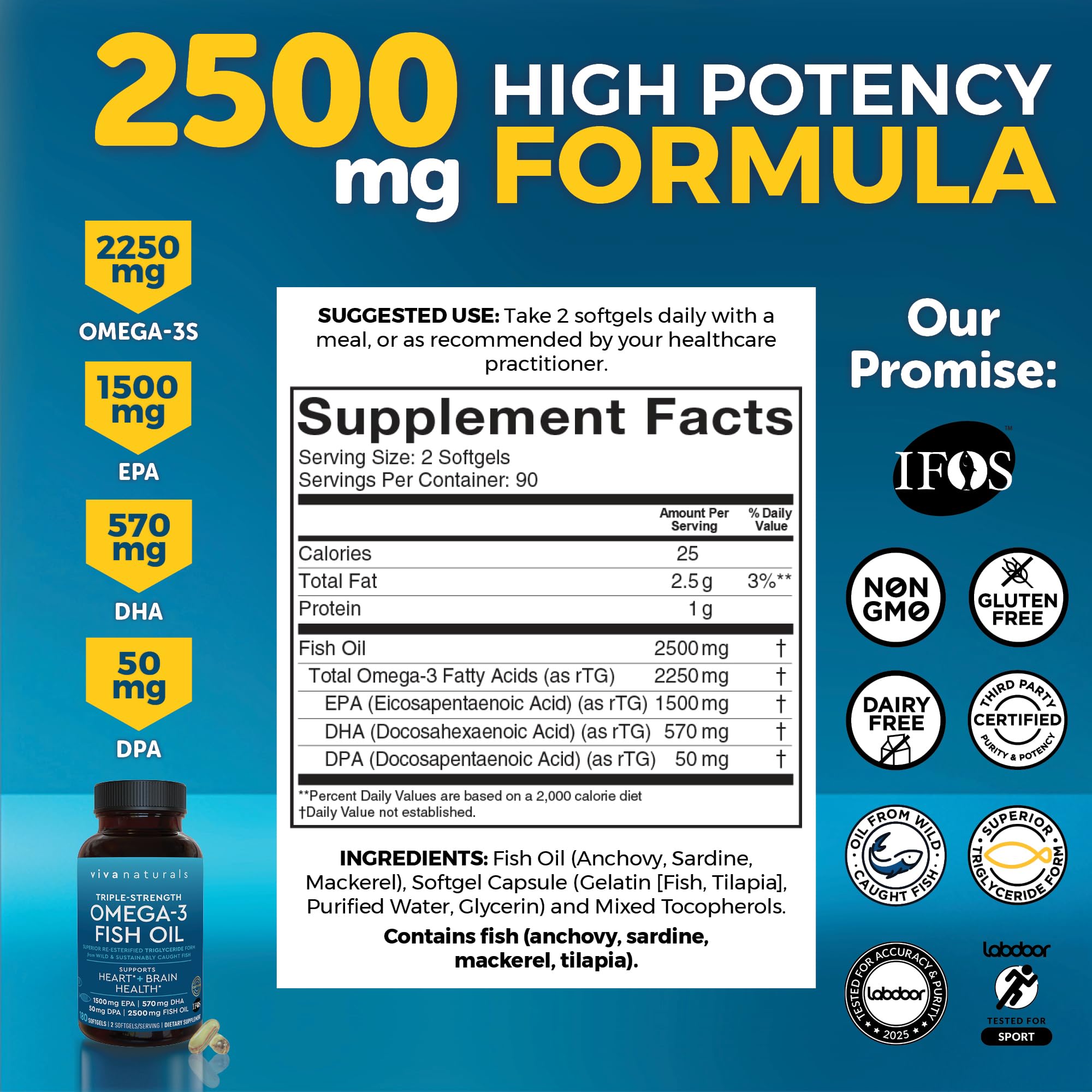 Triple Strength Fish Oil Omega 3 Supplements for Women and Men – 2500 mg High-Potency, Easy-to-Absorb Re-esterified Triglyceride Form, Pescatarian-Friendly DPA Omega 3 EPA DHA Supplement,180 Softgels Viva NaturalsBuy Supplements Australia