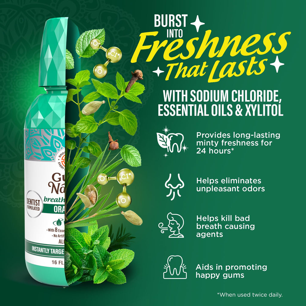GuruNanda Oral Rinse Fresh Breath Mouthwash, ADA-Accepted Alcohol-Free Mouthwash, 7 Essential Oils & Vitamins, SLS & Flouride-Free, Wild Mint, 16 Oz