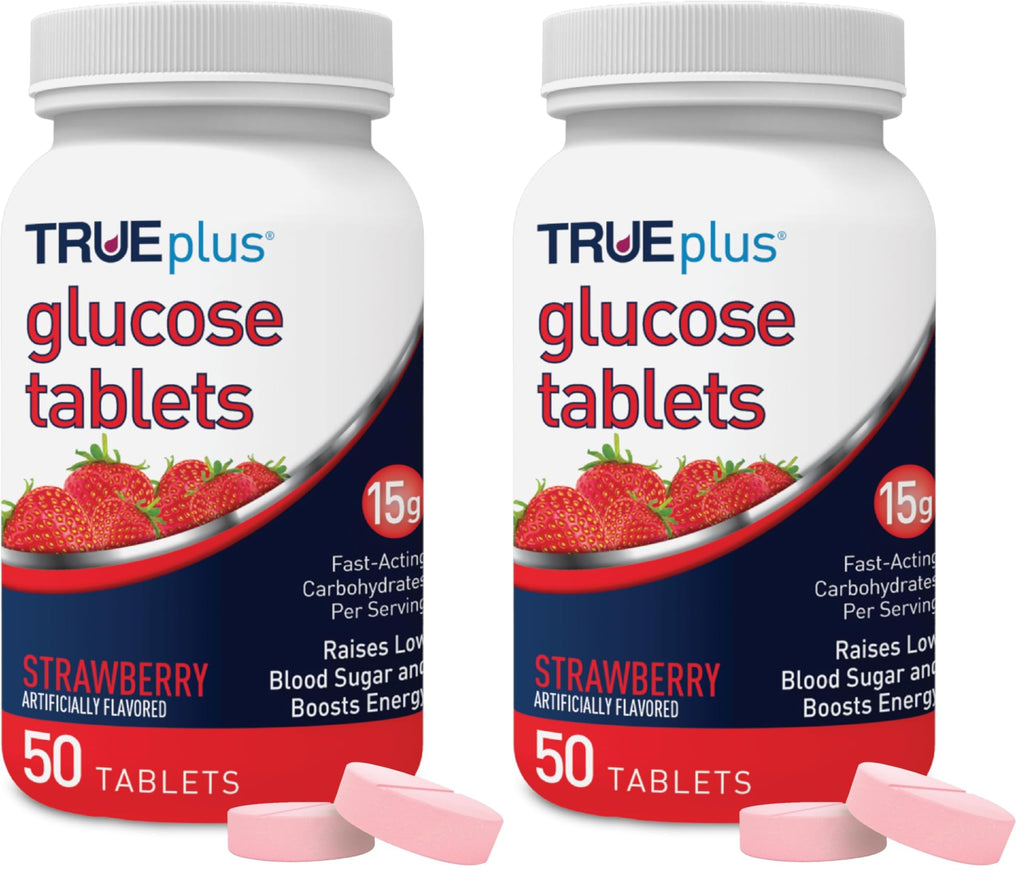 TRUEplus Glucose Tablets, Chewable, Strawberry Flavor, 15g Fast-Acting Carbohydrates, Fat Free, Gluten Free, Boost Energy, 50 Count (Pack of 2)