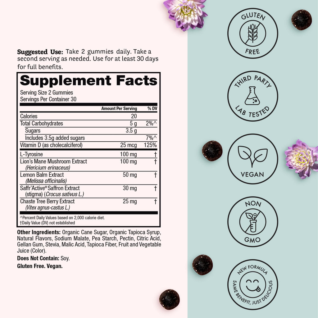 Winged Wellness Happy Her Mood Gummies - Daily Mood Enhancer Support Supplement for Women - Vitamin D with Saffron, Lemon Balm, & Lions Mane Mushrooms for Balance & Calming Relief - 50 Vegan Gummies Winged buy supplements Au