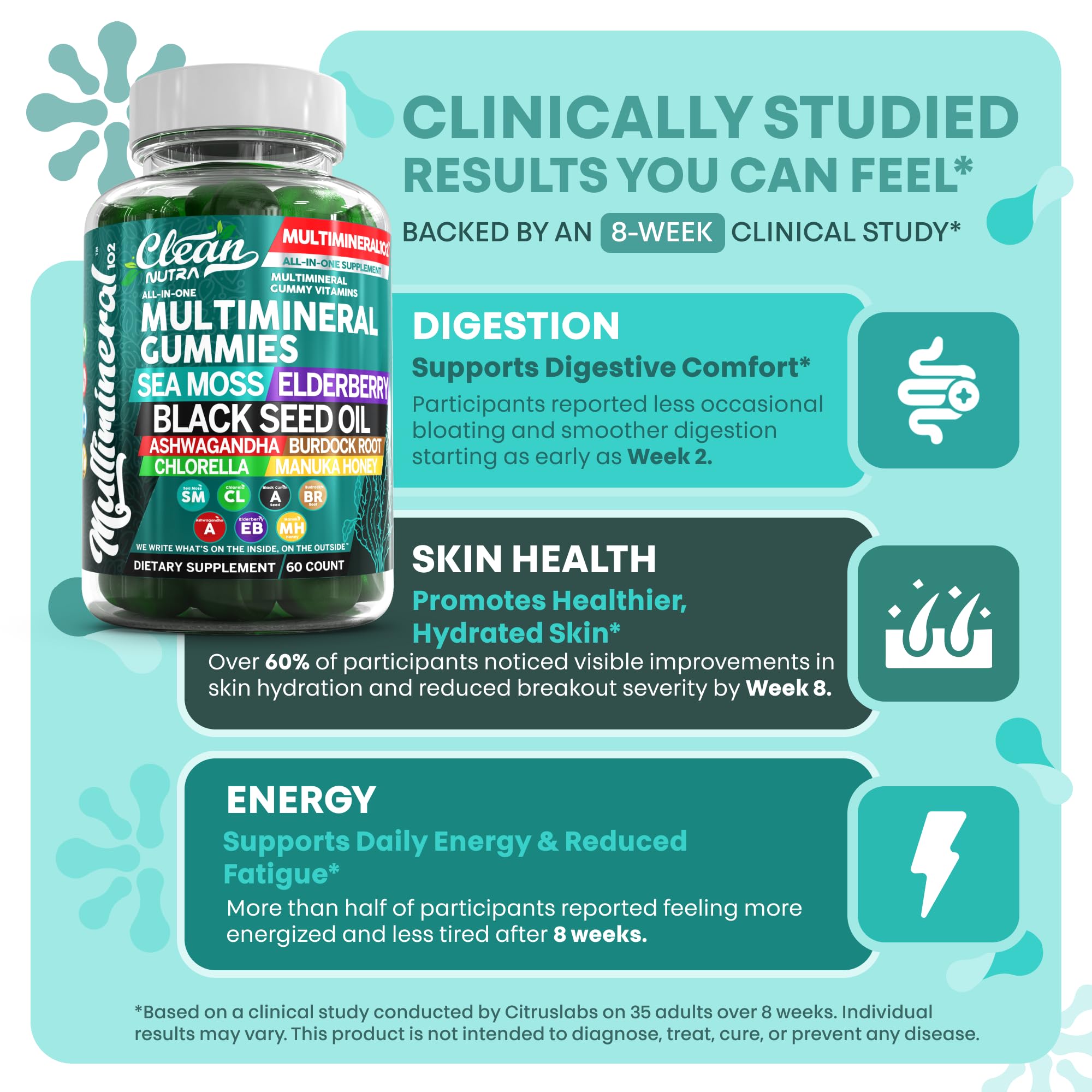 Sea Moss Gummies | Clinically Tested - Black Seed Oil Ashwagandha Elderberry Burdock Root Chlorella Manuka Honey - Vegan Irish Sea Moss Gummy Vitamins for Adults Kids Men Women - Green Apple Flavor Clean NutraceuticalsBuy Supplements Australia