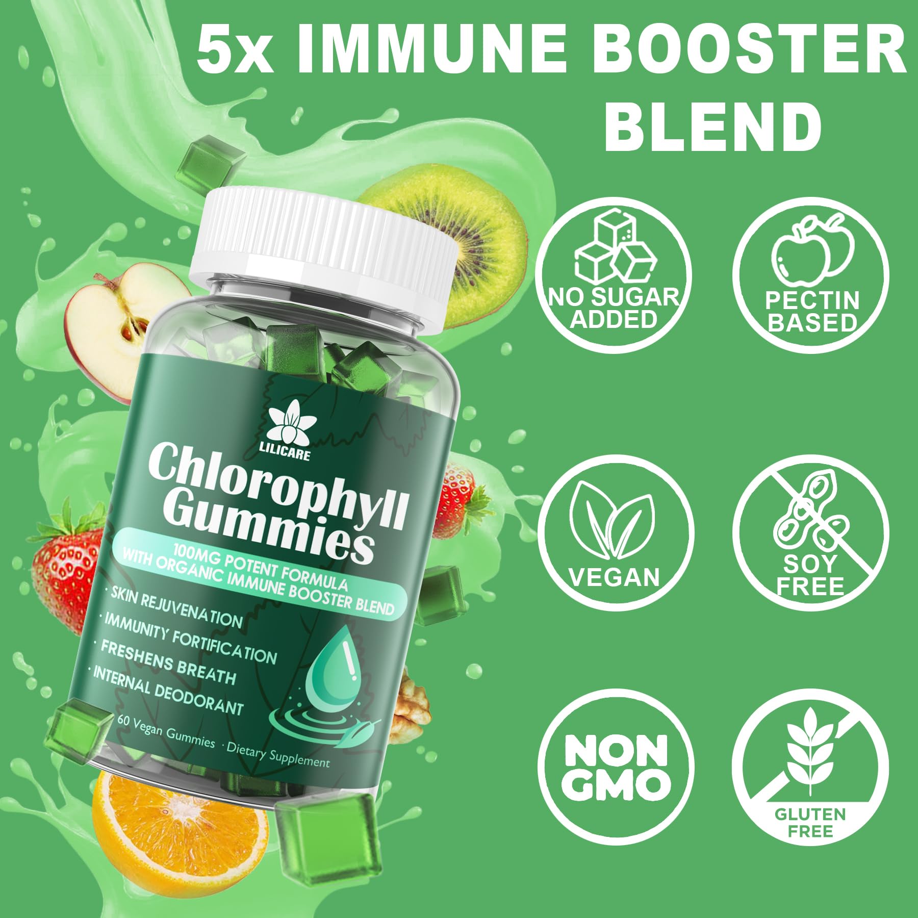 Chlorophyll Gummies - Super Green with Wheat Grass, Sea Moss, Unfiltered ACV & Elderberry, Echinacea, Zinc Complex & Vitamin D3, C, E, B12 for Natural Deodorant,