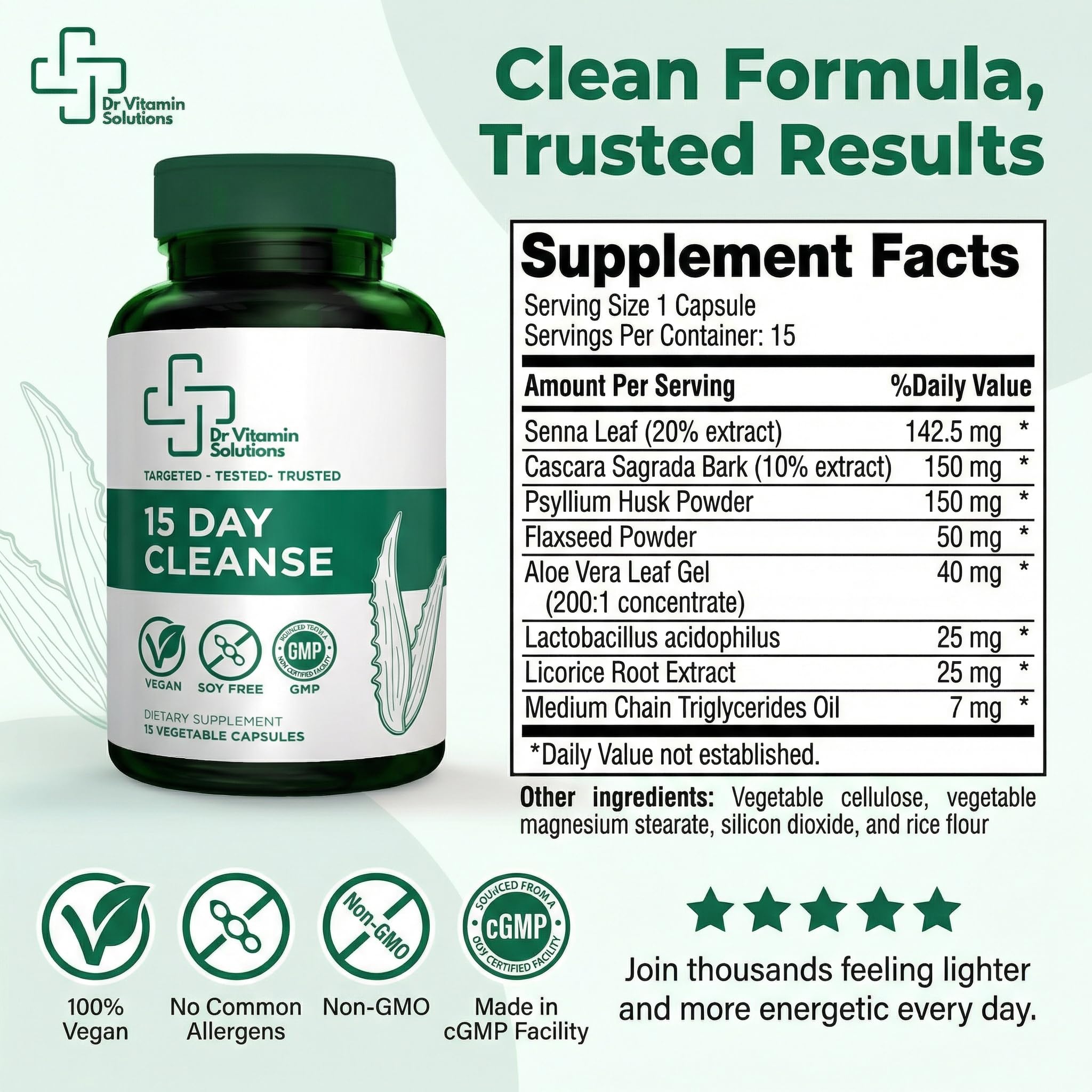 15 Day Colon Cleanse & Detox for Women and Men, Gut Cleanse with Senna, Aloe Vera, Psyllium Husk & Probiotics, Bloating, Constipation Relief, Gentle, Vegan,