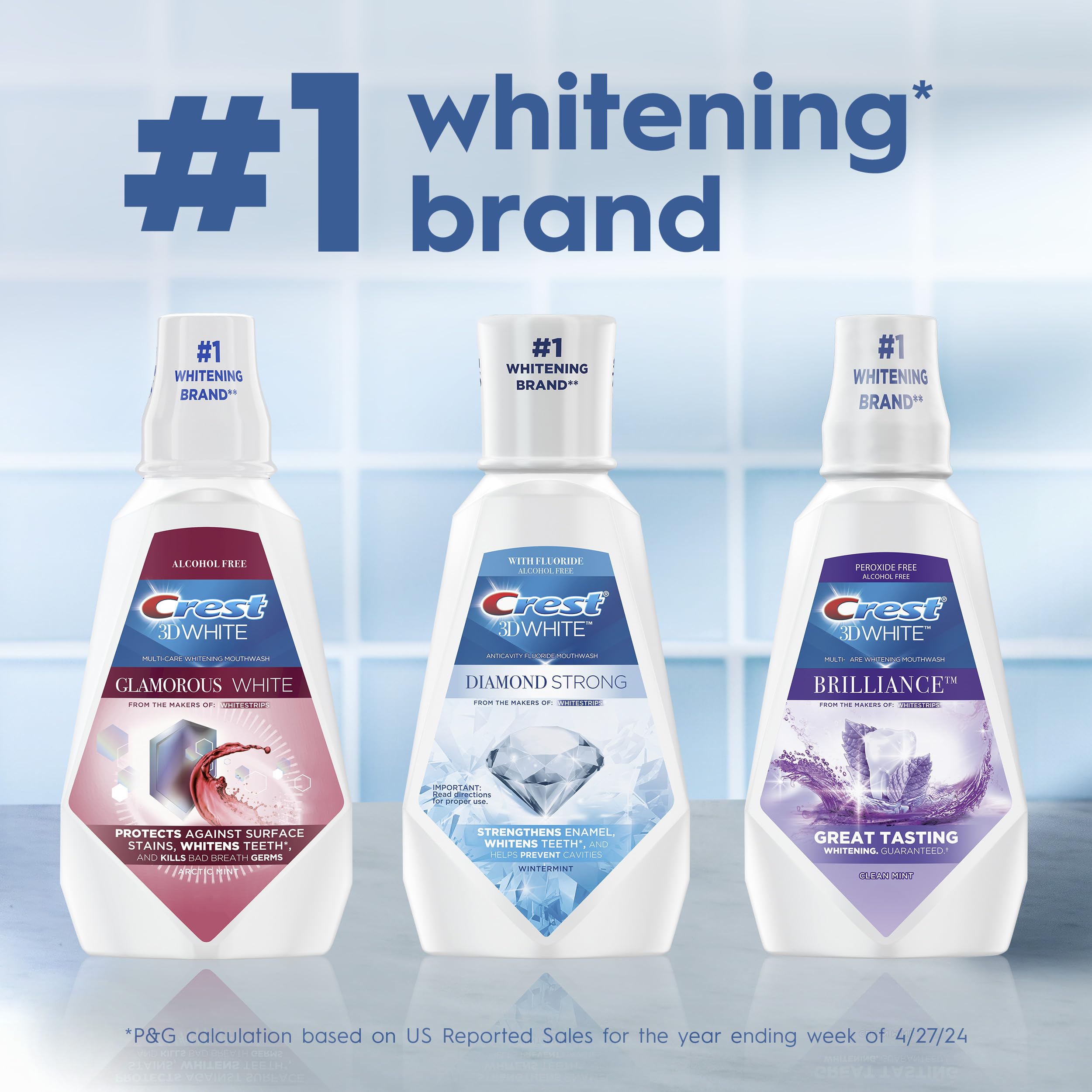Crest 3D White Mouthwash, Teeth Whitening for Adults, 1L, 2 Pack, Alcohol Free Mouth Rinse, Breath Freshener, Antibacterial, Antiseptic,