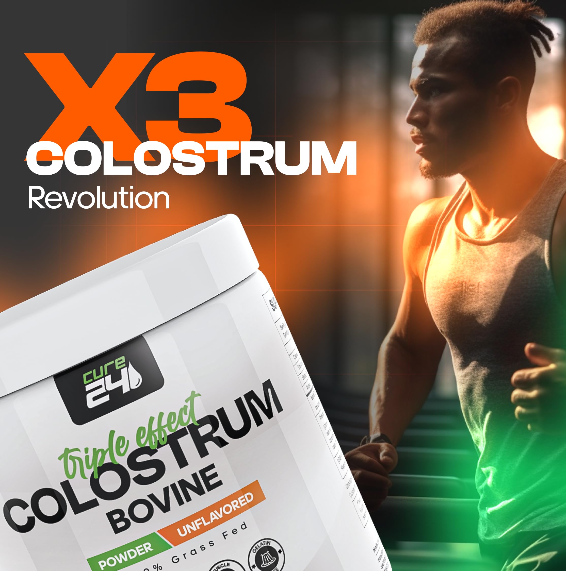 Cure24 Bovine Colostrum X3 Supplement Powder for Humans, 100% Pure Whole Natural Grass Fed Superfood, High IgG, Plus Probiotic