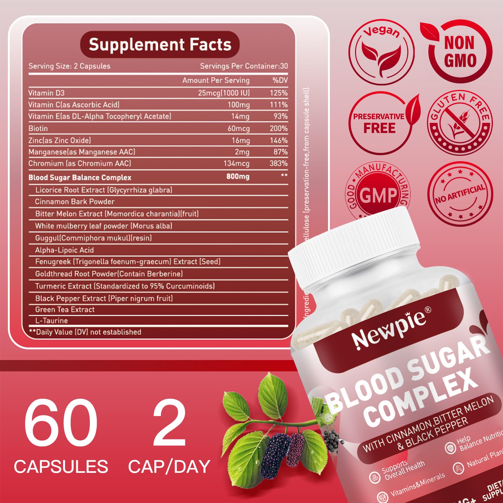 Blood Sugar Complex Supplement – Natural with 20 Active Herbs and Vitamins, Including Cinnamon, Bitter Melon, Black Pepper, Licorice, Vegan, Non-GMO, Gluten-Free, 60 Capsules