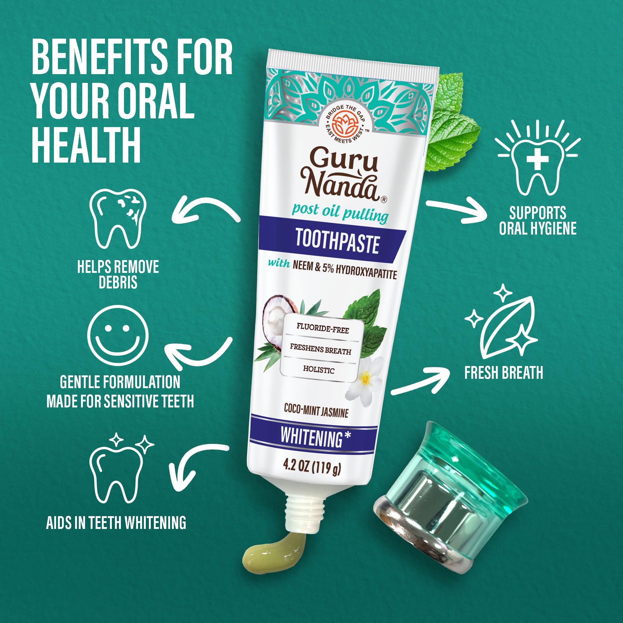 GuruNanda Hydroxyapatite Toothpaste for Whitening with Neem & Xylitol, SLS & Fluoride Free Formula with Tongue Scraper & Squeezer - Freshens Breath, Fights Plaque