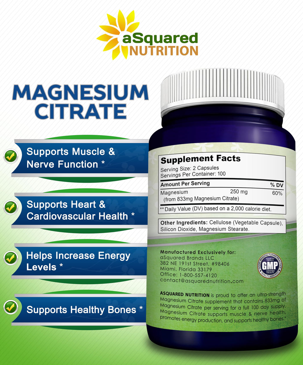aSquared Nutrition Magnesium Citrate 833mg Supplement - 200 Capsules - Max Strength Vegan Mag Citrate Powder Pills to Support Pure Function of Muscles,