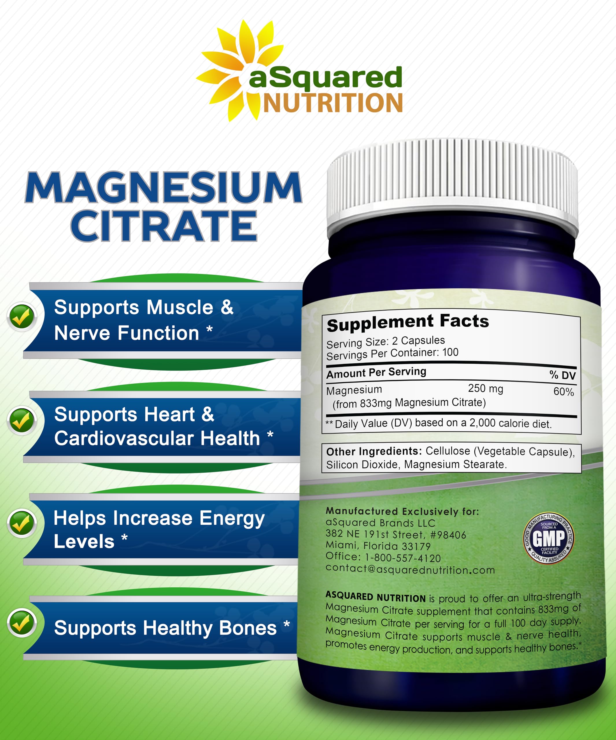 aSquared Nutrition Magnesium Citrate 833mg Supplement - 200 Capsules - Max Strength Vegan Mag Citrate Powder Pills to Support Pure Function of Muscles,