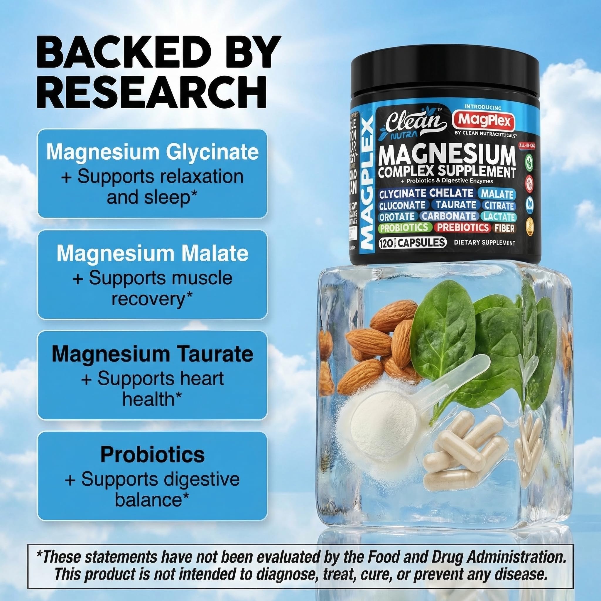 8in1 Magnesium Supplement Complex | Magnesium Glycinate Citrate Malate Gluconate Orotate Carbonate Lactate + Prebiotics Probiotics Digestive Enzymes Magnesio Capsules for Women Men By Clean Nutra Clean Nutraceuticals buy supplements Au