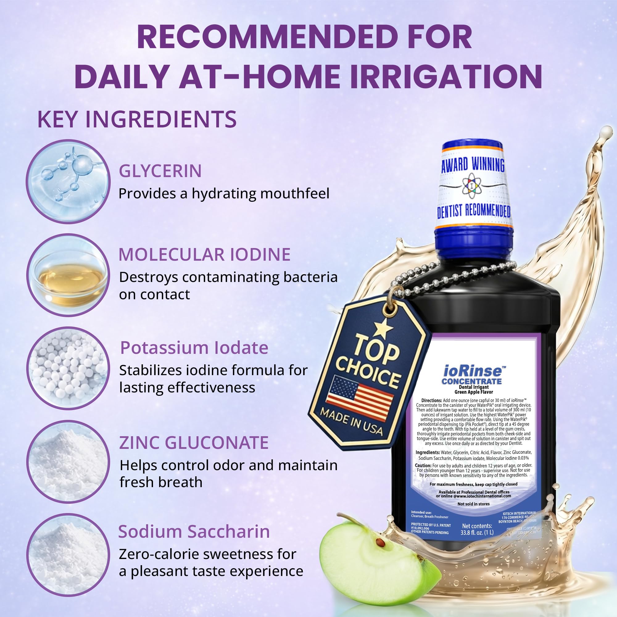 ioRinse Concentrated Irrigant with Active Molecular Iodine, Alcohol-Free Dental Irrigant, for use with Waterpik Water Flossers