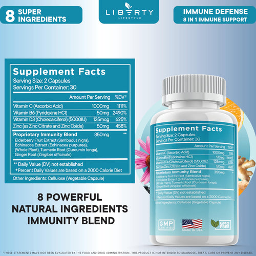 8 in 1 Immune Defense Support, Immunity Vitamins Supplement Booster Zinc 50mg, Vitamin C Elderberry VIT D3 5000 IU, Turmeric Curcumin & Ginger