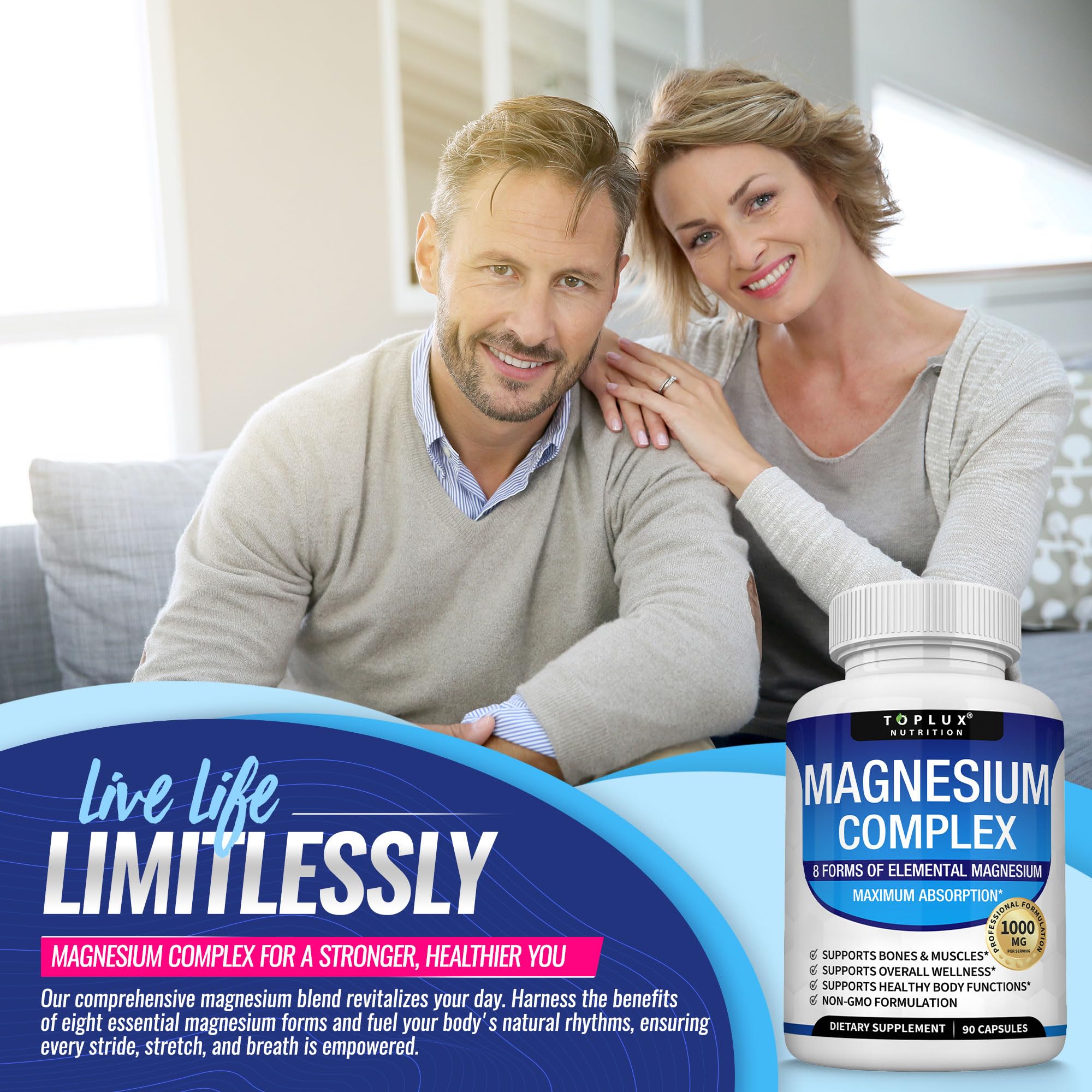 Magnesium Complex Supplement 8 Elemental 1000mg - Magnesium Glycinate, Citrate, Malate, Taurate, Chelated for Easy Absorption for Bones, Muscle, Recovery, Energy, Vegan Non-GMO 90 Capsules TopluxBuy Supplements Australia
