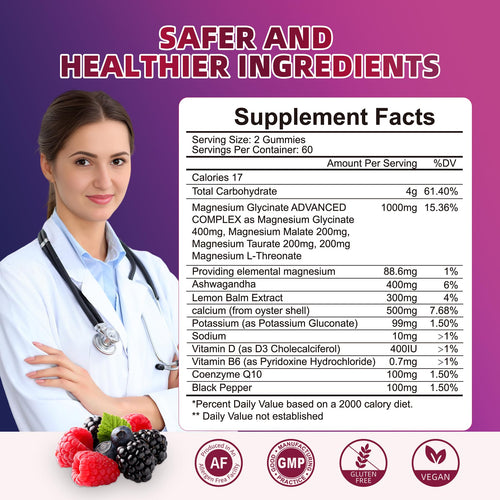 120 CT Magnesium Glycinate Gummies 1000 mg for Women and Men, Magnesium Malate & Taurate Supplements for Sleep, Body Support and Relaxation, Sugar Free