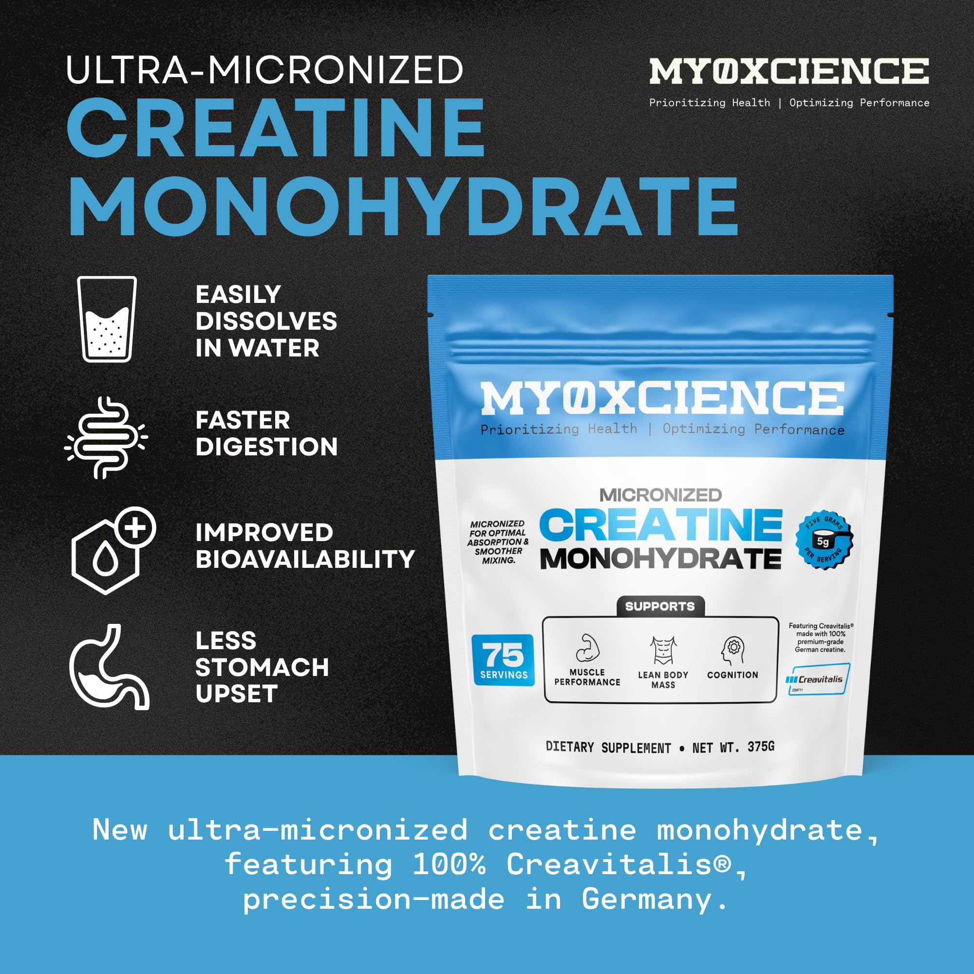 MYOXCIENCE Micronized Creavitalis Creatine | The World’s Purest Micronized Form of Creatine Monohydrate | Supports Muscle Performance, Lean Body Mass, & Cognition | 75 Servings MYOXCIENCE buy supplements Au
