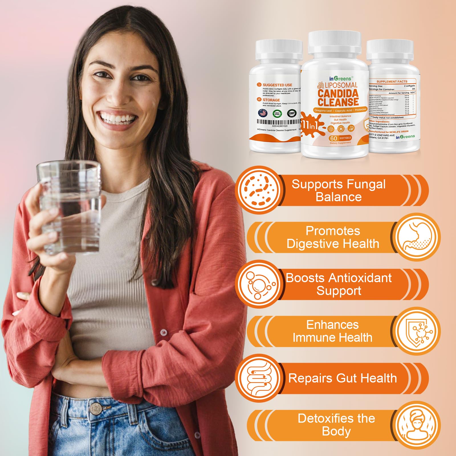 inGreens 11-in-1 Candida Support Supplement, Antifungal Overgrowth, Intestinal Detox & Gut Health for Women & Men, Balance Probiotic