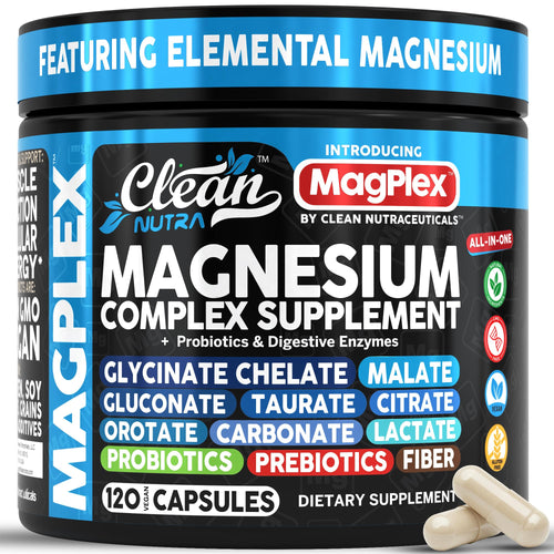 Supplement container labeled 'MagPlex' by Clean Nutra with capsules on a gray background