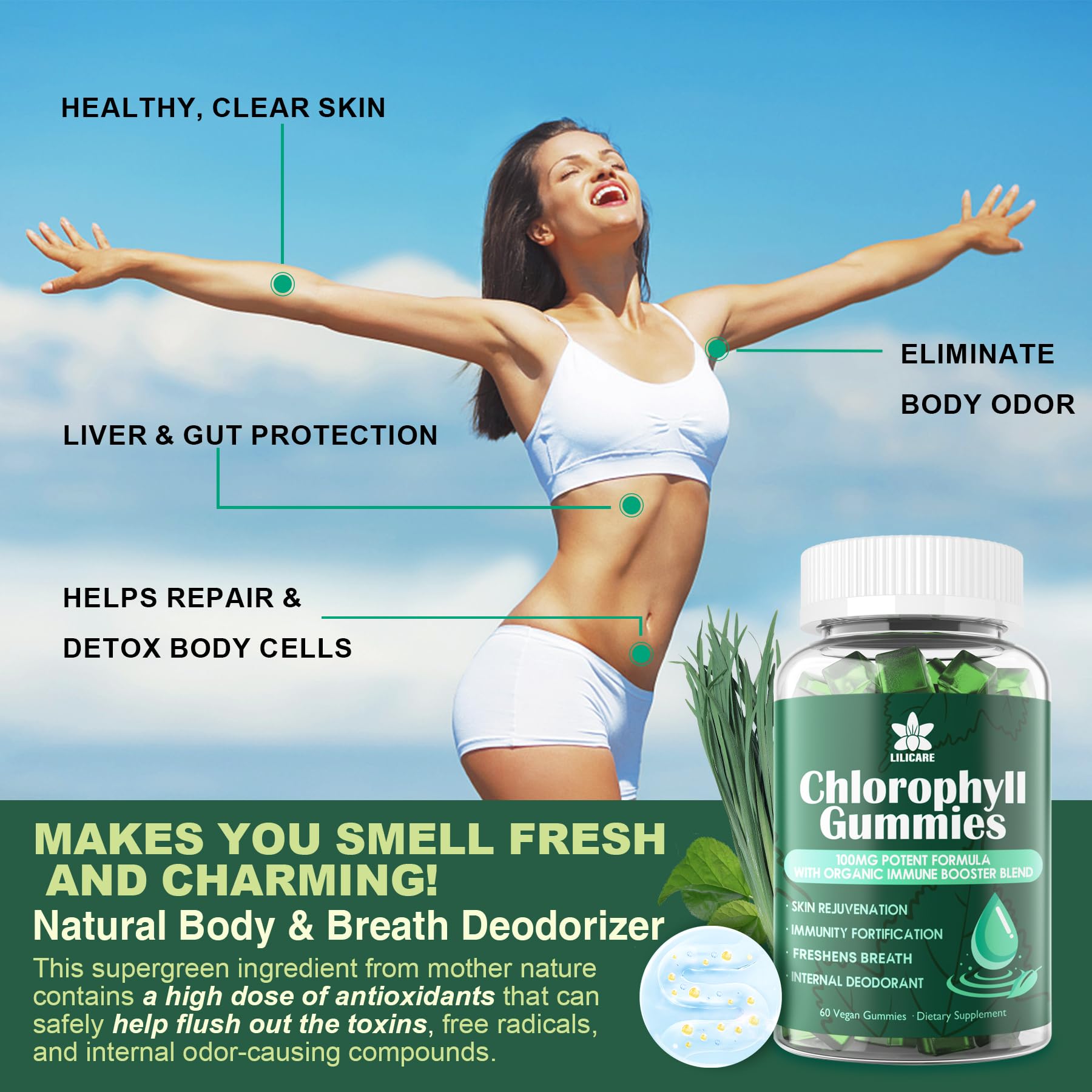 Chlorophyll Gummies - Super Green with Wheat Grass, Sea Moss, Unfiltered ACV & Elderberry, Echinacea, Zinc Complex & Vitamin D3, C, E, B12 for Natural Deodorant,