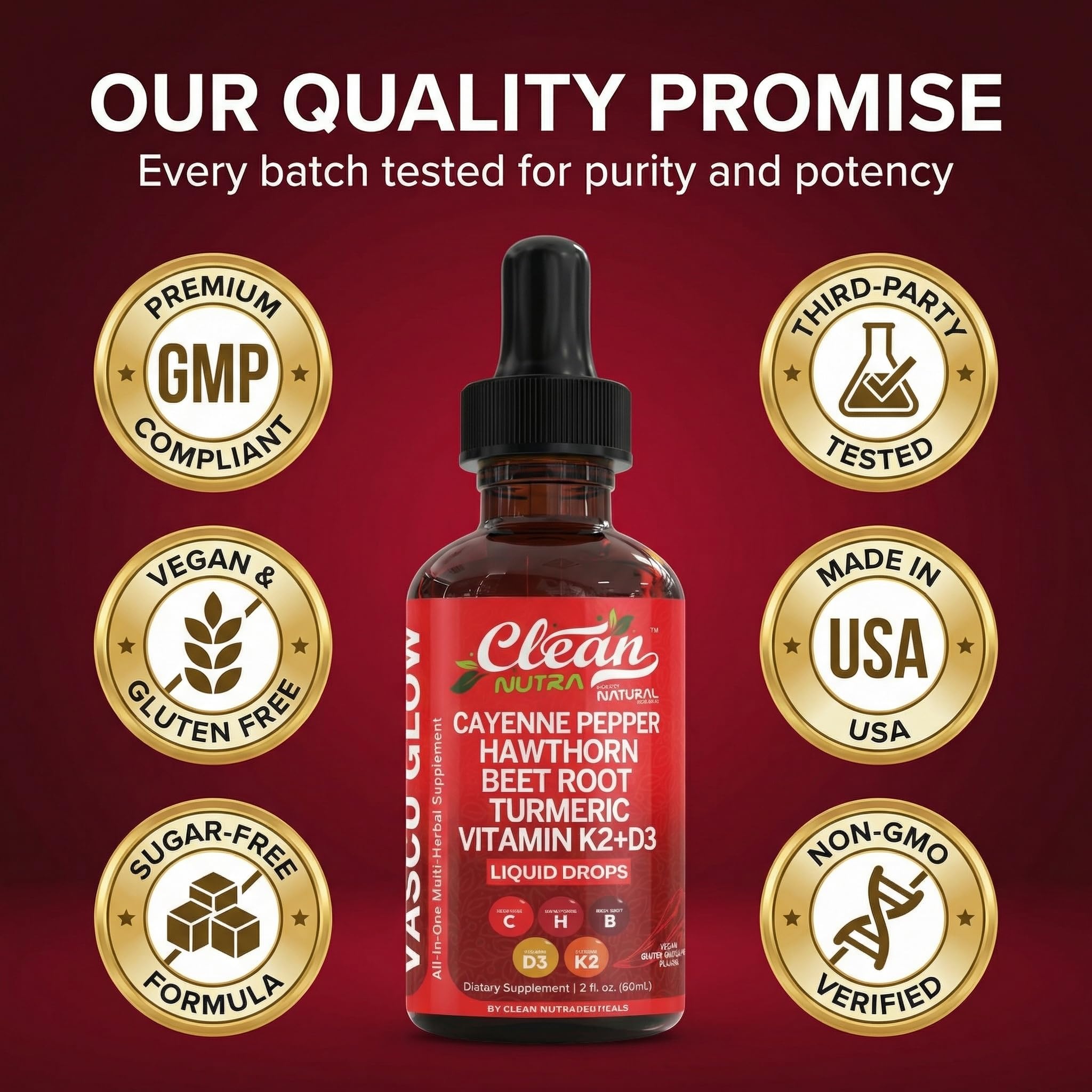 Clean Nutra Cayenne Pepper Drops Supplement Liquid + Hawthorn Berry, Vitamin D3 K2 Beet Root Powder, Ceylon Cinnamon, Turmeric Curcumin, Organic Panax Ginseng, Berberine Extract 1 Pack Clean Nutraceuticals buy supplements Au