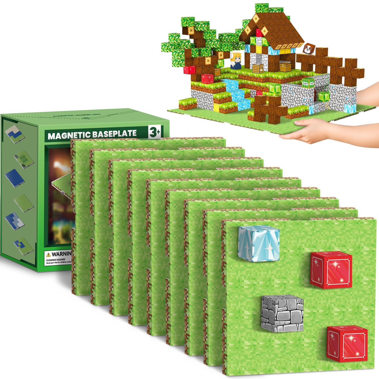 Youngyes 9 Pack Magnetic Blocks Baseplate, Magnetic Cubes Plate for Minecraft Magnetic Building Blocks-Baseplate 4" x 4", STEM Magnet Toys for Kids Boys Girls Age 3+ Years Old Christmas Birthday Gifts