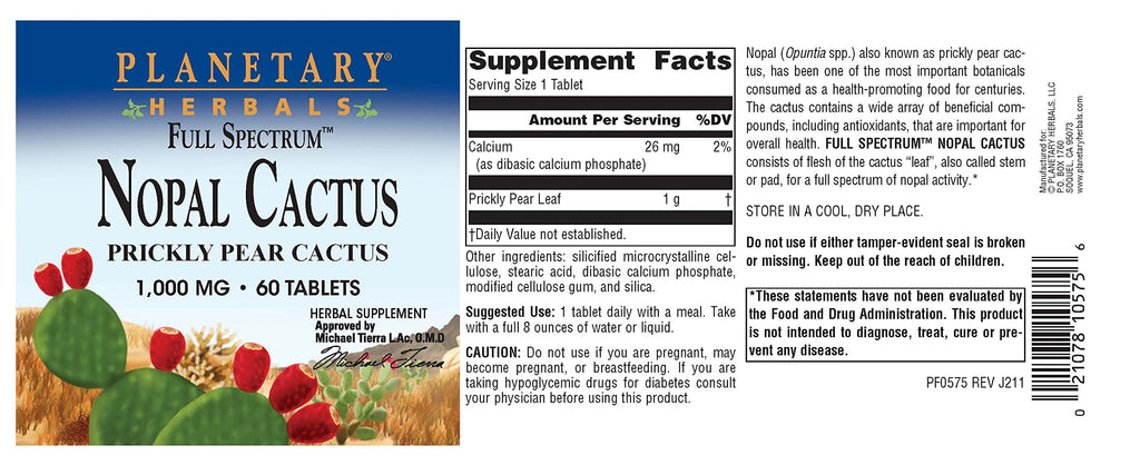 Planetary Herbals Full Spectrum Nopal Cactus 1000mg Prickly Pear Cactus Antioxidant - 100% Natural - 60 Tablets