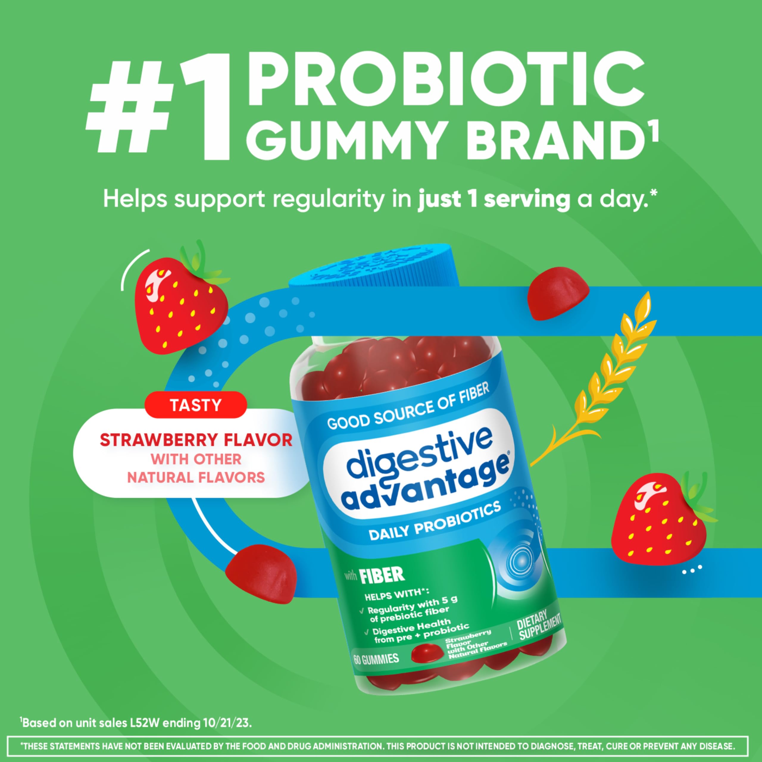 Digestive Advantage Prebiotic Fiber Gummies + Probiotics for Digestive Health, Daily Gummies for Women & Men, Digestive Supplement for Regularity & Gut Health, 60ct Strawberry Flavor