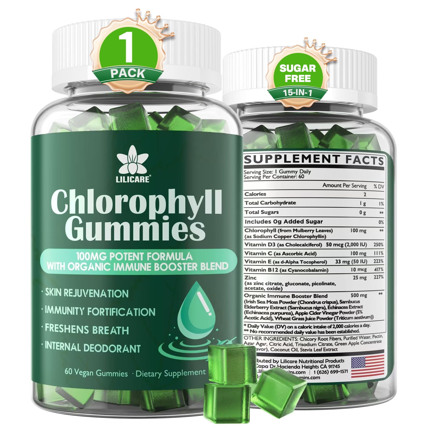 Chlorophyll Gummies - Super Green with Wheat Grass, Sea Moss, Unfiltered ACV & Elderberry, Echinacea, Zinc Complex & Vitamin D3, C, E, B12 for Natural Deodorant,