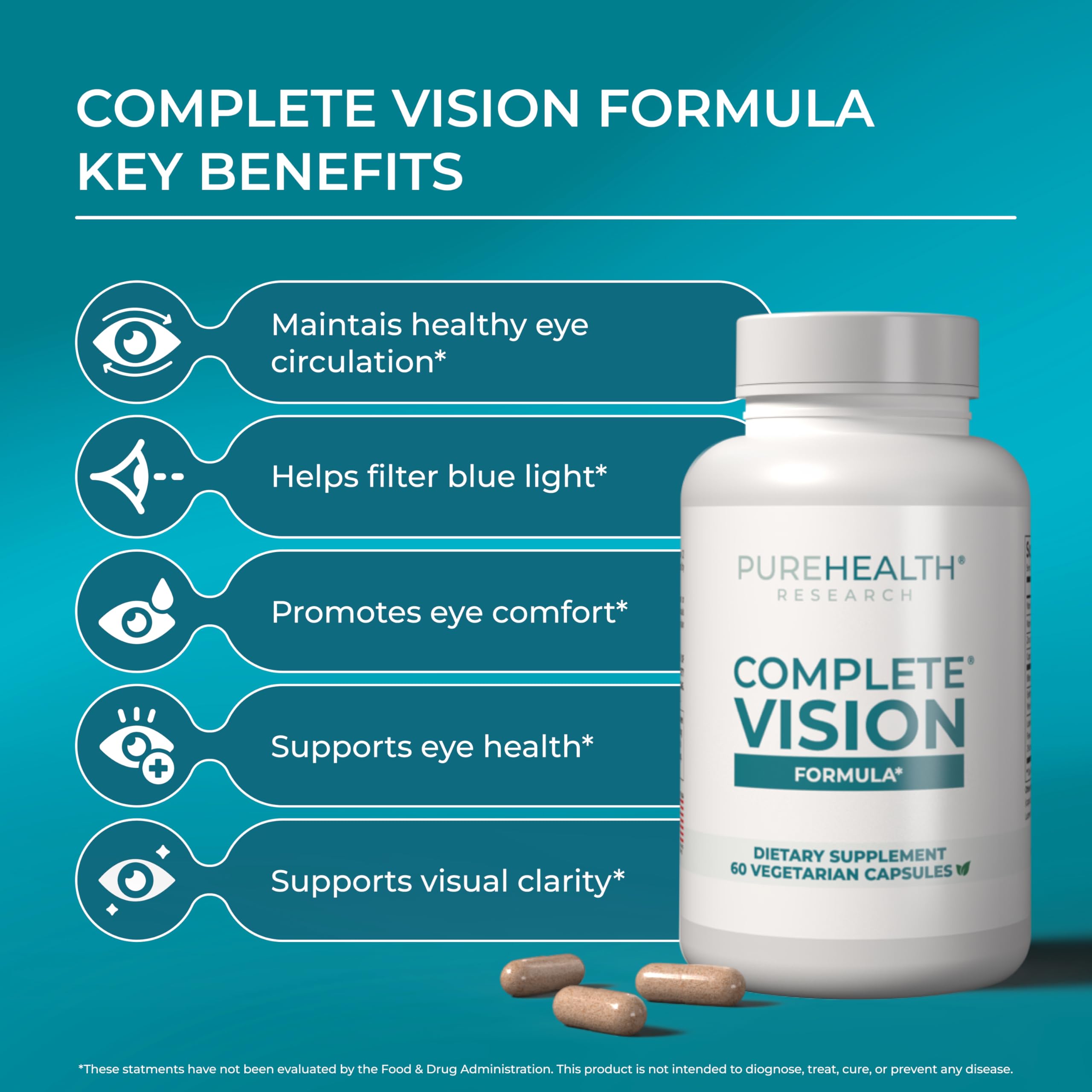 PUREHEALTH RESEARCH Complete Vision Formula - Eye Vitamins & Mineral Supplement - Lutein and Zeaxanthin Supplements for Men & Women - with Eyebright Herb, Zinc,